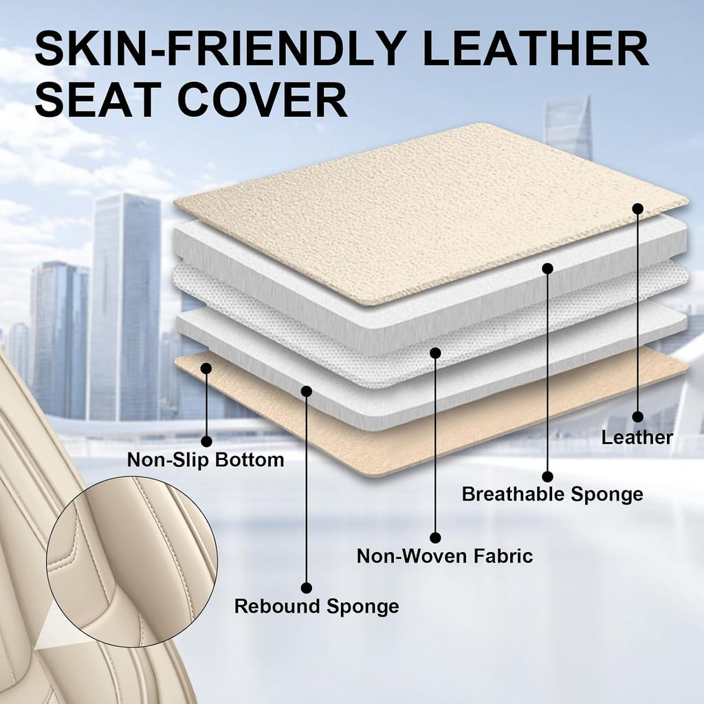 DHAEY Car Seat Covers for Volkswagen Atlas 2018-2025, Family Seat Covers, Nappa Leather, Wear-Resistant, Anti-Slip, Waterproof, 5PCS Full Set, Beige