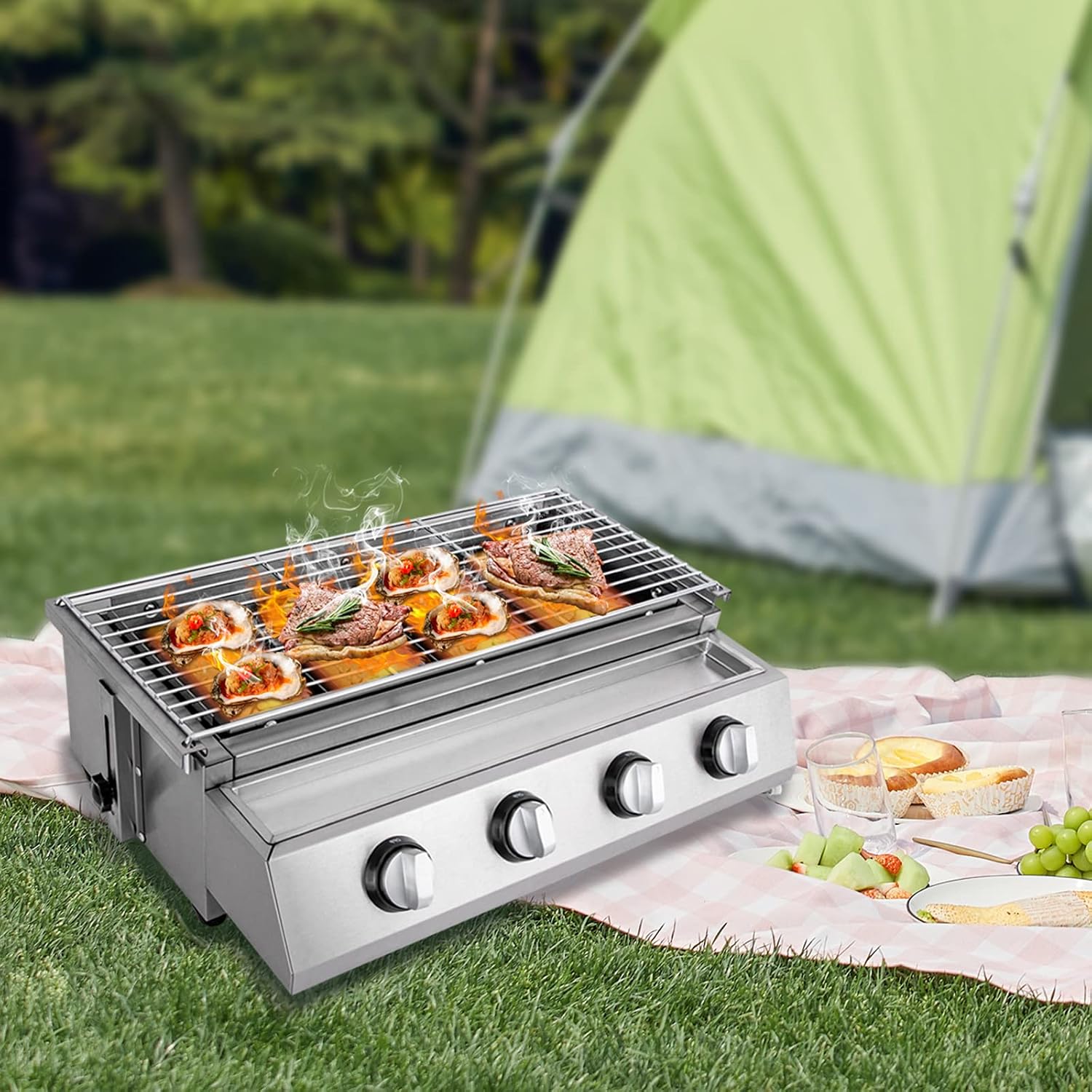 Gas BBQ Grill Stainless Steel Outdoor Camp Picnic Barbecue Shish Kabob 4 Burner Griddle Flat Top Grill Portable Barbecue Grill Countertop Smokeless Grill Non-Stick Cooking Removable Grill Baking