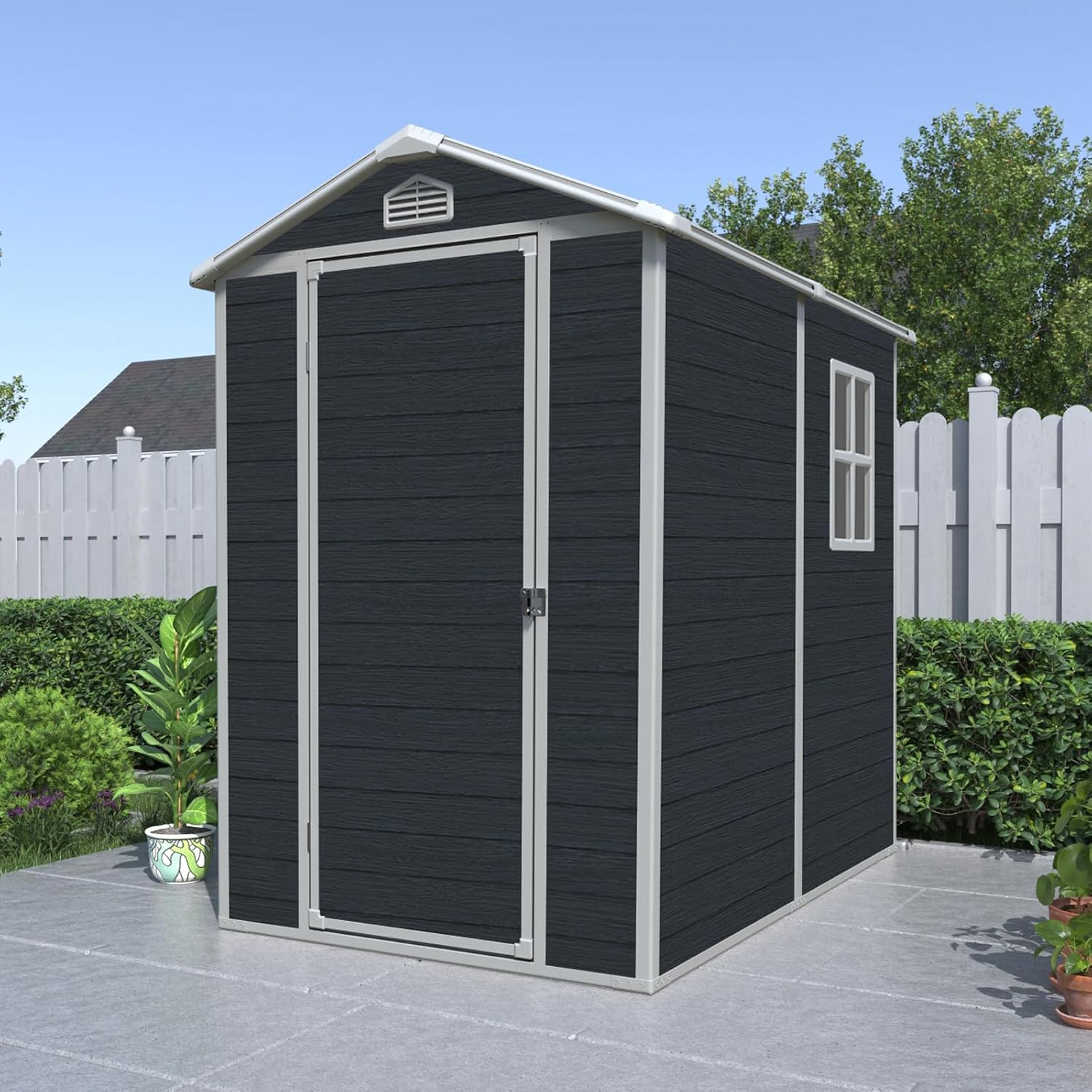 JT 6 x 4 FT Resin Outdoor Shed, Waterproof Storage Shed with Floor, Lockable Door, Window and Vent, Garden Sheds for Backyard, Lawn, Tools (Black)