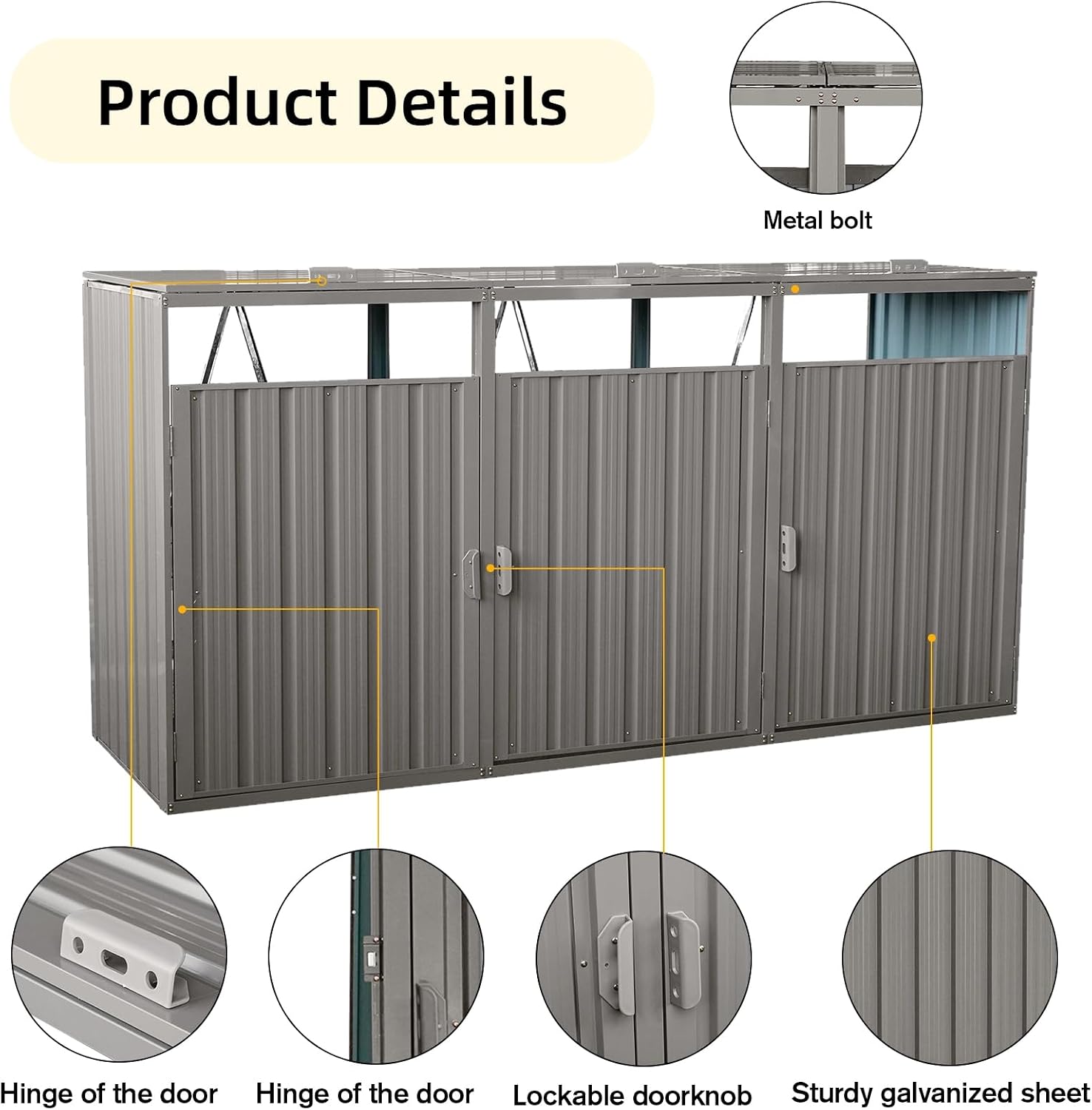82.7 Cu.Ft Outdoor Trash Can Storage Shed, Metal Trash Can Storage Bin with Spring Chain Lid for Garbage Storage, Waterproof Storage Shed Stores for 3 Trash Cans, Garden Tools, Gray