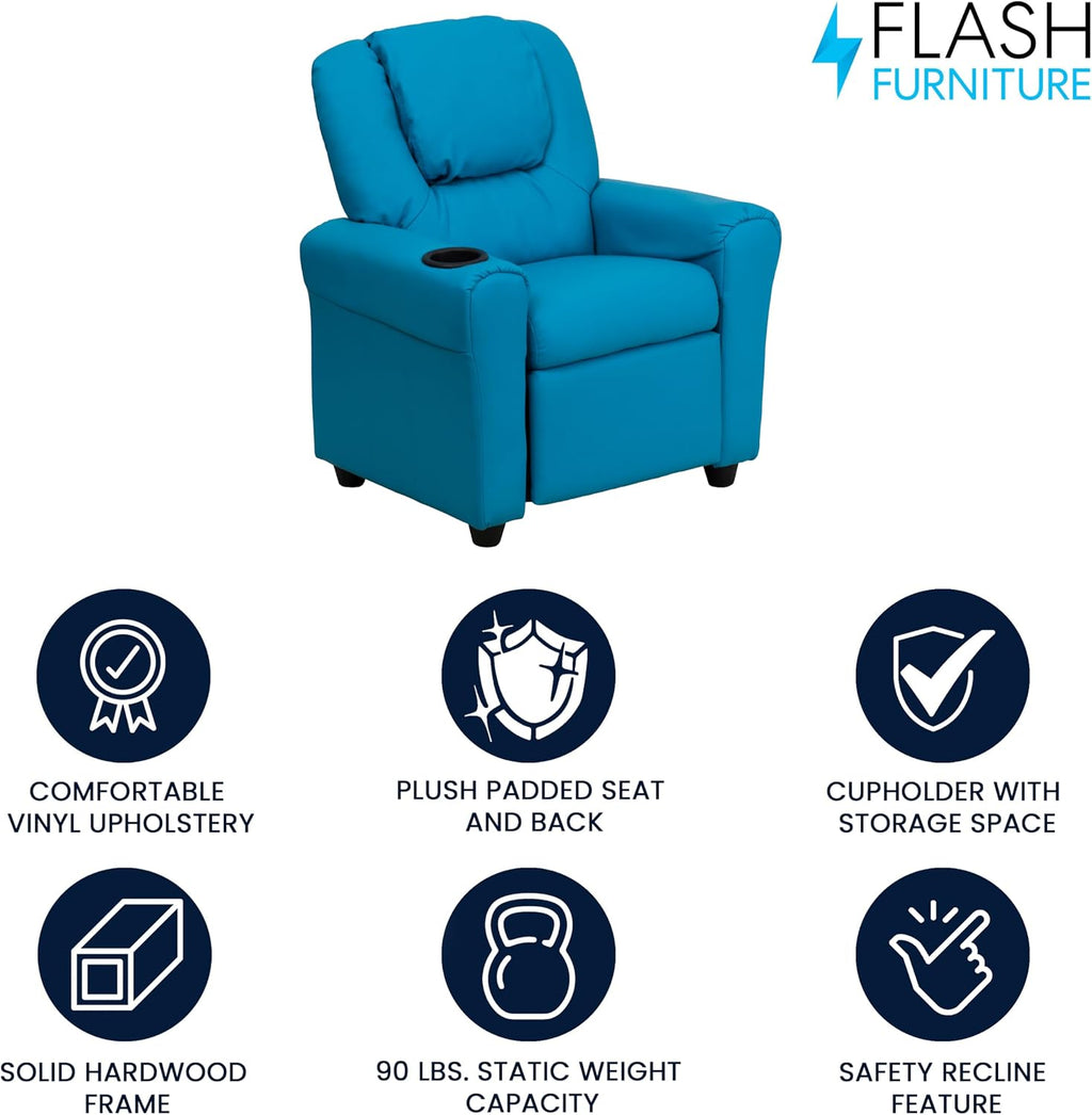 Flash Furniture Vana Vinyl Kids Recliner with Cup Holder, Headrest, and Safety Recline, Contemporary Reclining Chair for Kids, Supports up to 90 lbs., Turquoise