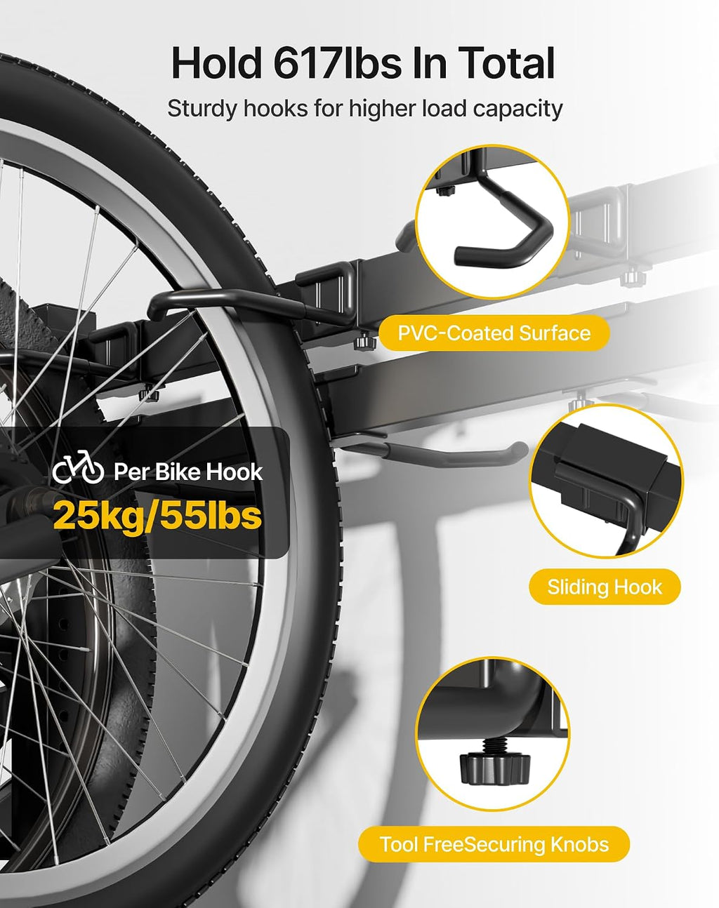 monTEK Freestanding Bike Storage Rack for 10 Bikes, Heavy Duty 617LBS Vertical Bike Stand with 10 Bike Hooks & 6 Helmet Hooks, Indoor and Outdoor Bike Storage Rack with Locking Casters