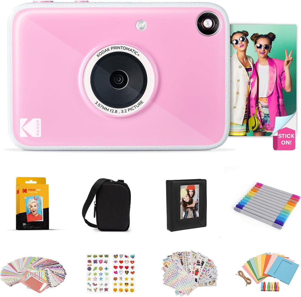 Kodak Printomatic+ Full Color Instant Print Digital Camera Gift Bundle + Case + Zink 2x3 Sticky Back Photo Paper 20pk + Album + Sticker Sets + Sticker Frames + Hanging Frames + Markers - Pink