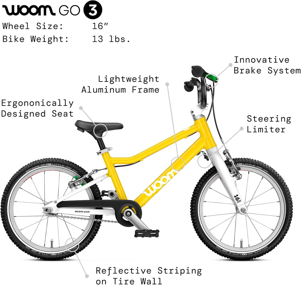 woom GO 3 / GO 3 AUTOMAGIC Kids' Bike, 16-Inch Lightweight Bicycle for Ages 4–6, Handbrakes, Steering Limiter, Chainguard, Boys & Girls