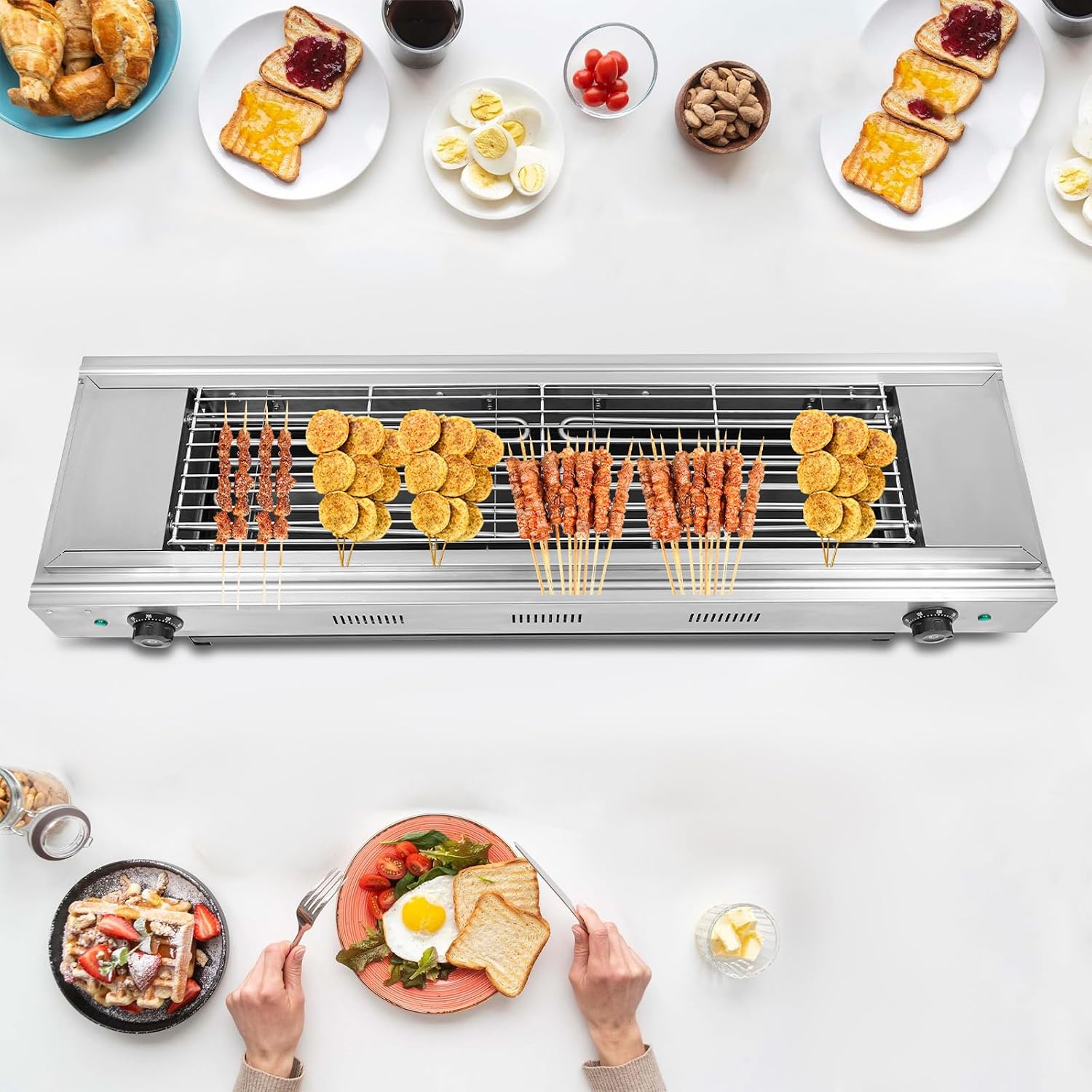 2 Burner Electric Barbecue Grill, 3000W Commercial Barbecue Griller 110V Countertop Stainless Steel BBQ Grills with 122℉to 572 ℉ Adjustable Temp for Home or Restaurant, Silver