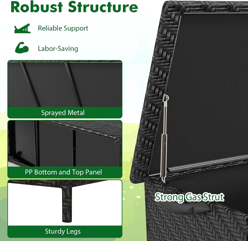 Tangkula Tightly-Woven Rattan Deck Box, Patiojoy Storage Cabinet Container with Polyester Liner, Universal Wheels & Gas Strut, 85 Gallon Indoor Outdoor Storage Box for Pillows, Cushions (Black)