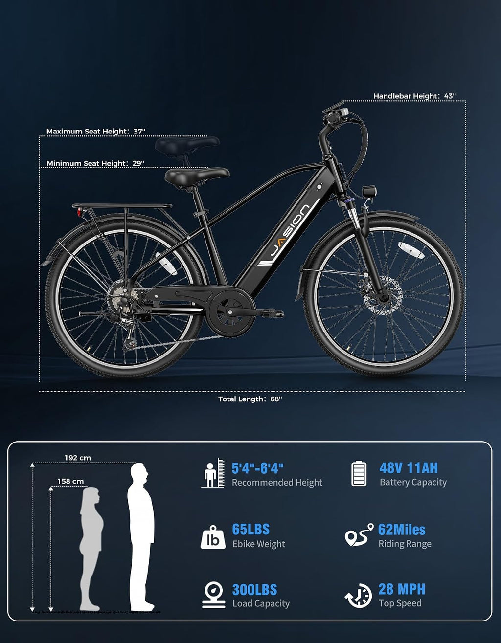 Jasion Roamer/ST/Pro Electric Bike for Adults, 26' Commuter Ebike 1200W 528WH Removable Battery, 28MPH 40-62miles,Electric Bicycles for Women/Man,UL2849 Certified