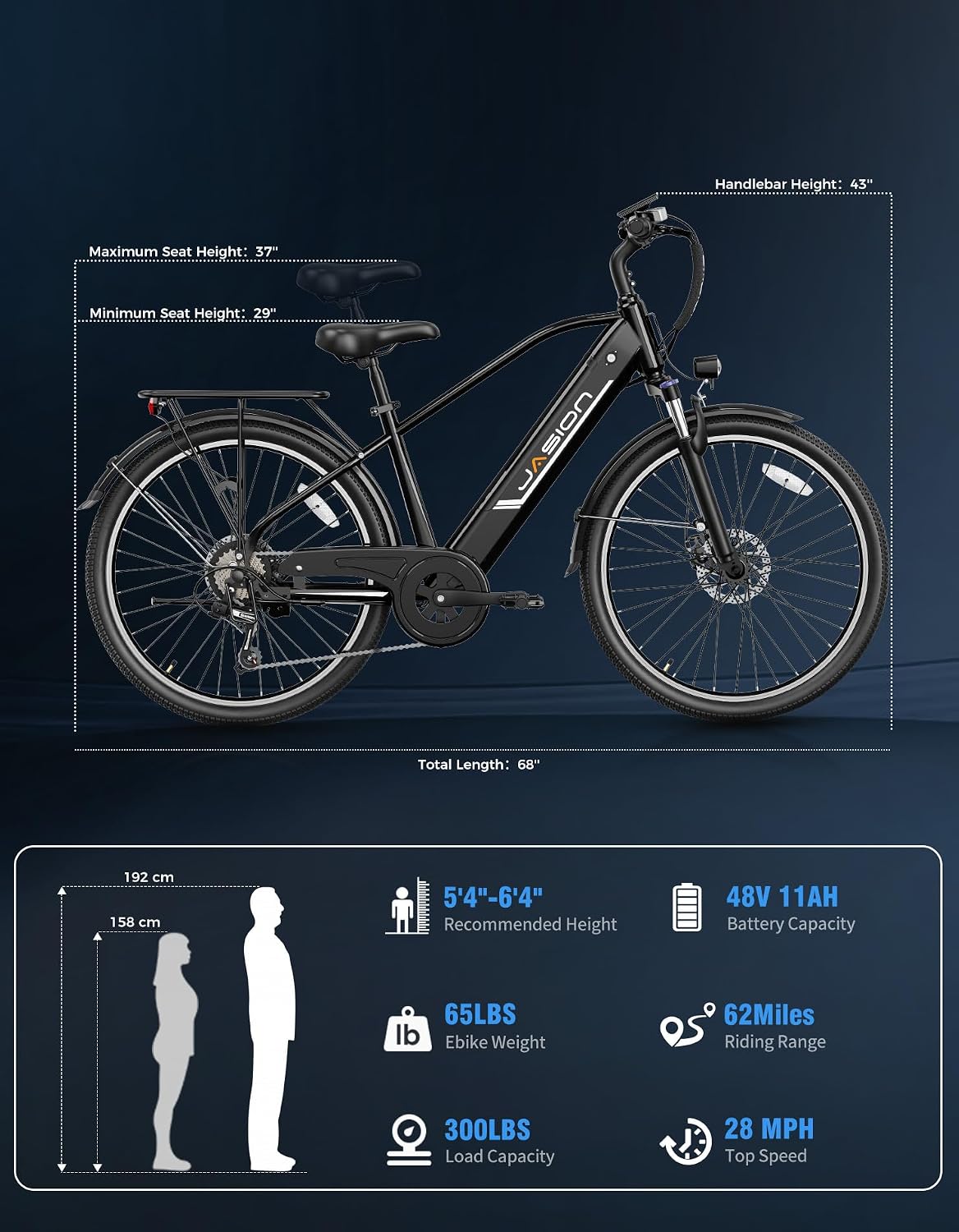 Jasion Roamer/ST/Pro Electric Bike for Adults, 26' Commuter Ebike 1200W 528WH Removable Battery, 28MPH 40-62miles,Electric Bicycles for Women/Man,UL2849 Certified