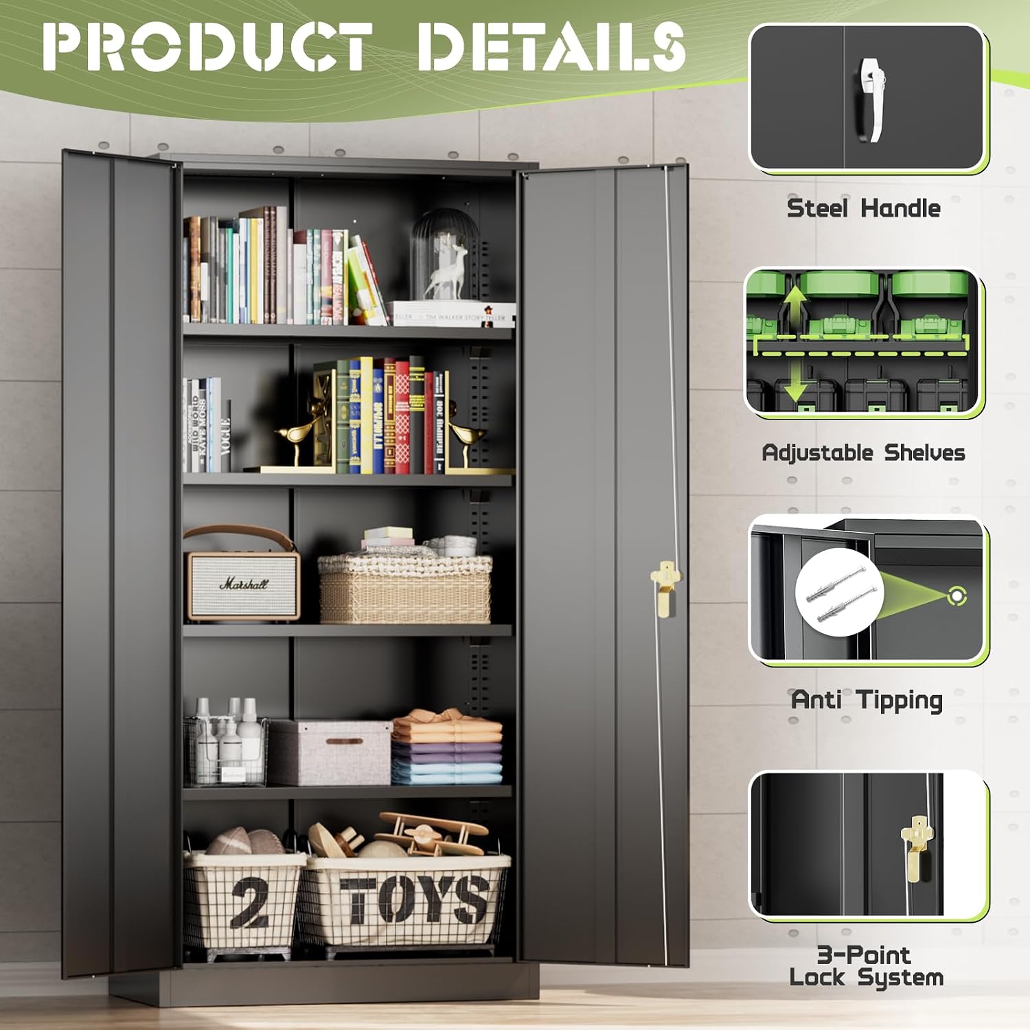 Incbruce 72' H x18 D Patio Metal Storage Cabinet, Outdoor Storage Cabinet with Doors and Adjustable Shelves, Tool Shed for Home, Patio, Office (Black)