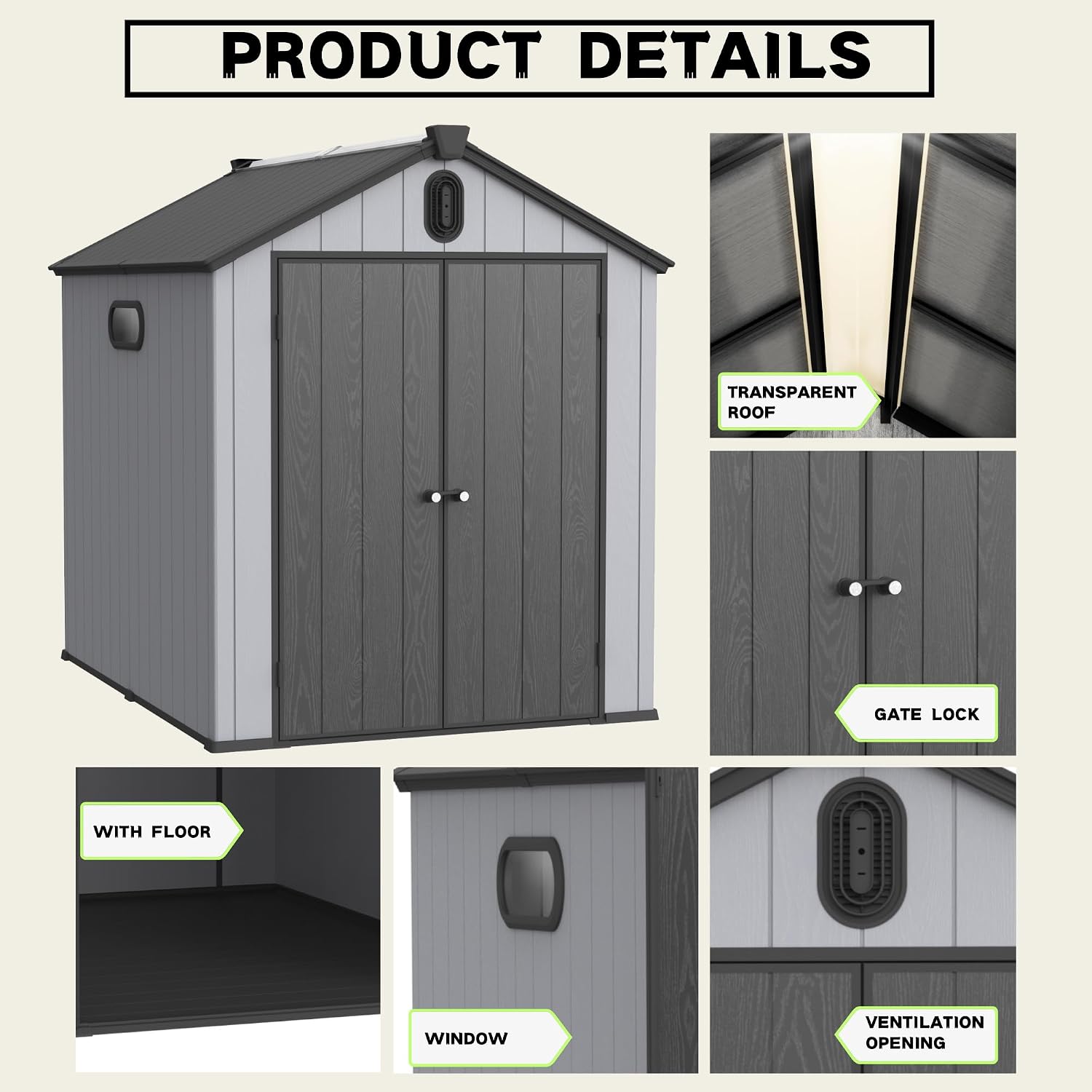 YOPTO 6x8 FT Outdoor Storage Shed with Hinge Door,Window & Air Vent,Outdoor Plastic Tool House W/Waterproof Tilted Roof,Heavy Duty Stroage Unit for Backyard,Patio,Lawn,Garden,Grey+Black