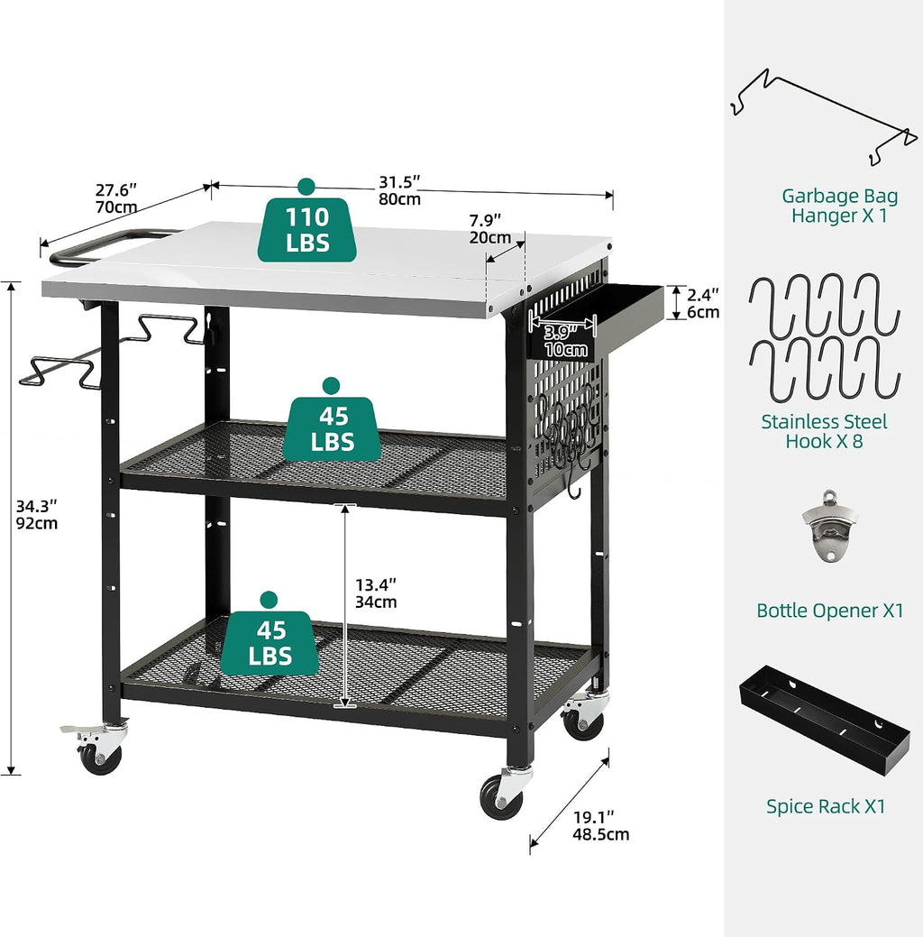 YITAHOME Outdoor Grill Cart Pizza Oven Table with Stainless Steel Top and Drop Leaf, Outdoor Grill Table with Adjustable Three-Tier Shelf and Spice Rack, Movable Bar Table for Patio, Garden, BBQ
