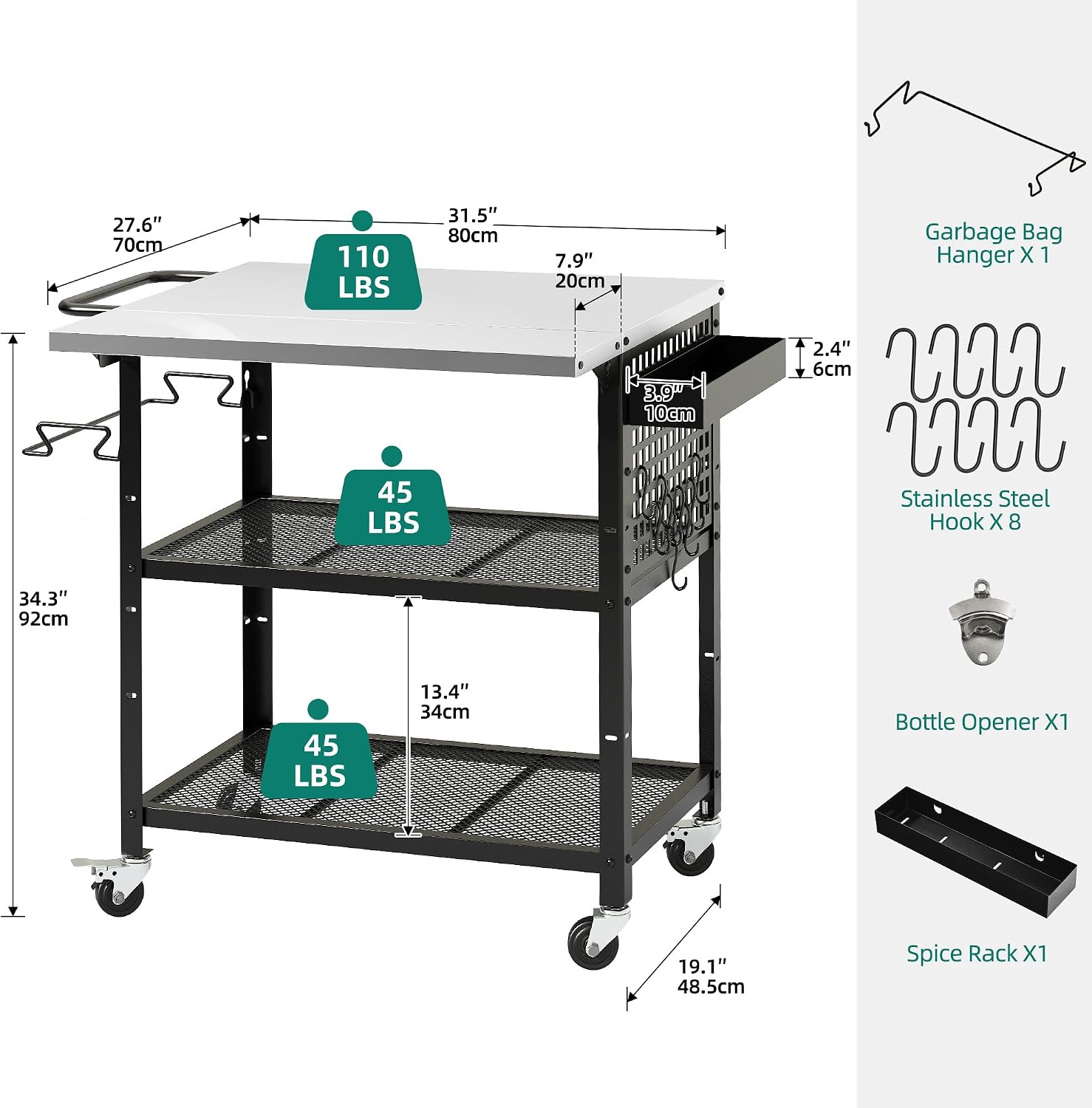 YITAHOME Outdoor Grill Cart Pizza Oven Table with Stainless Steel Top and Drop Leaf, Outdoor Grill Table with Adjustable Three-Tier Shelf and Spice Rack, Movable Bar Table for Patio, Garden, BBQ