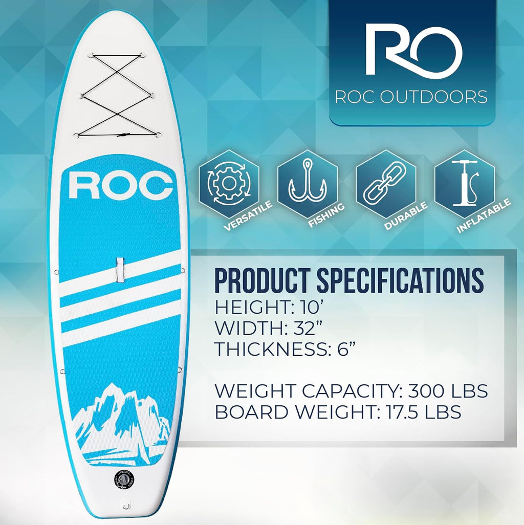 Roc Inflatable Stand Up Paddle Board with Premium SUP Paddle Board Accessories, Wide Stable Design, Non-Slip Comfort Deck for Youth & Adults