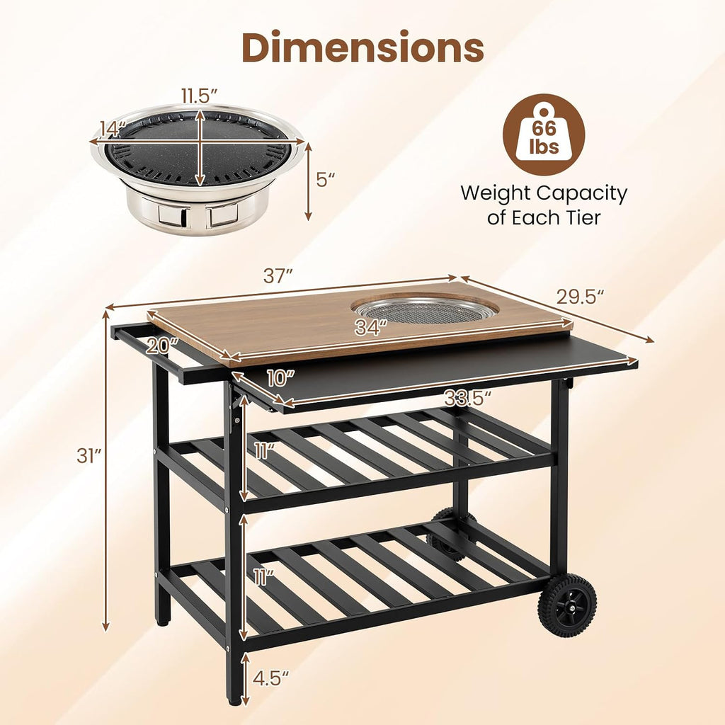 HAPPYGRILL Outdoor Grill Cart, Movable Food Prep Table with Korean BBQ Charcoal Grill, Foldable Side Panel, 2 Storage Shelves, Outside Pizza Oven Table for Patio Backyard Cooking BBQ