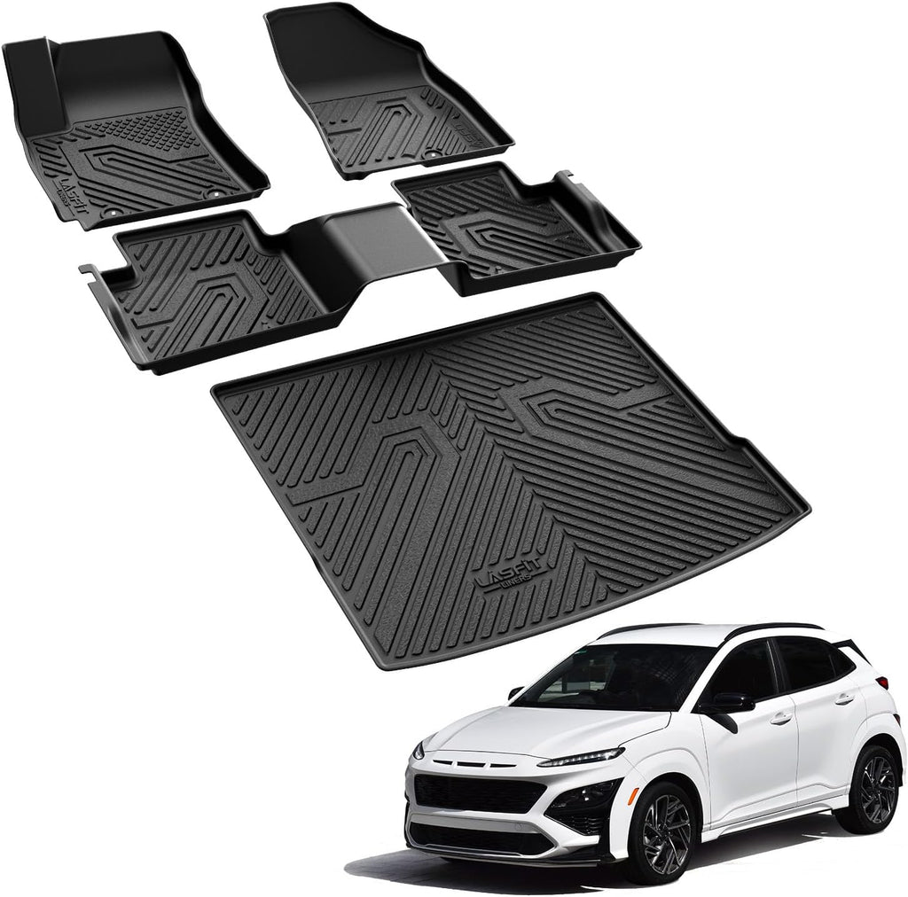 LASFIT Floor Mats & Cargo Mat Fits for Hyundai Kona 2026 2025 2024 N Line/SE/SEL/Limited (Not for EV), All Weather TPE Custom Fit Kona Car Mats & Trunk Liner,Full Set Car Accessories, Black