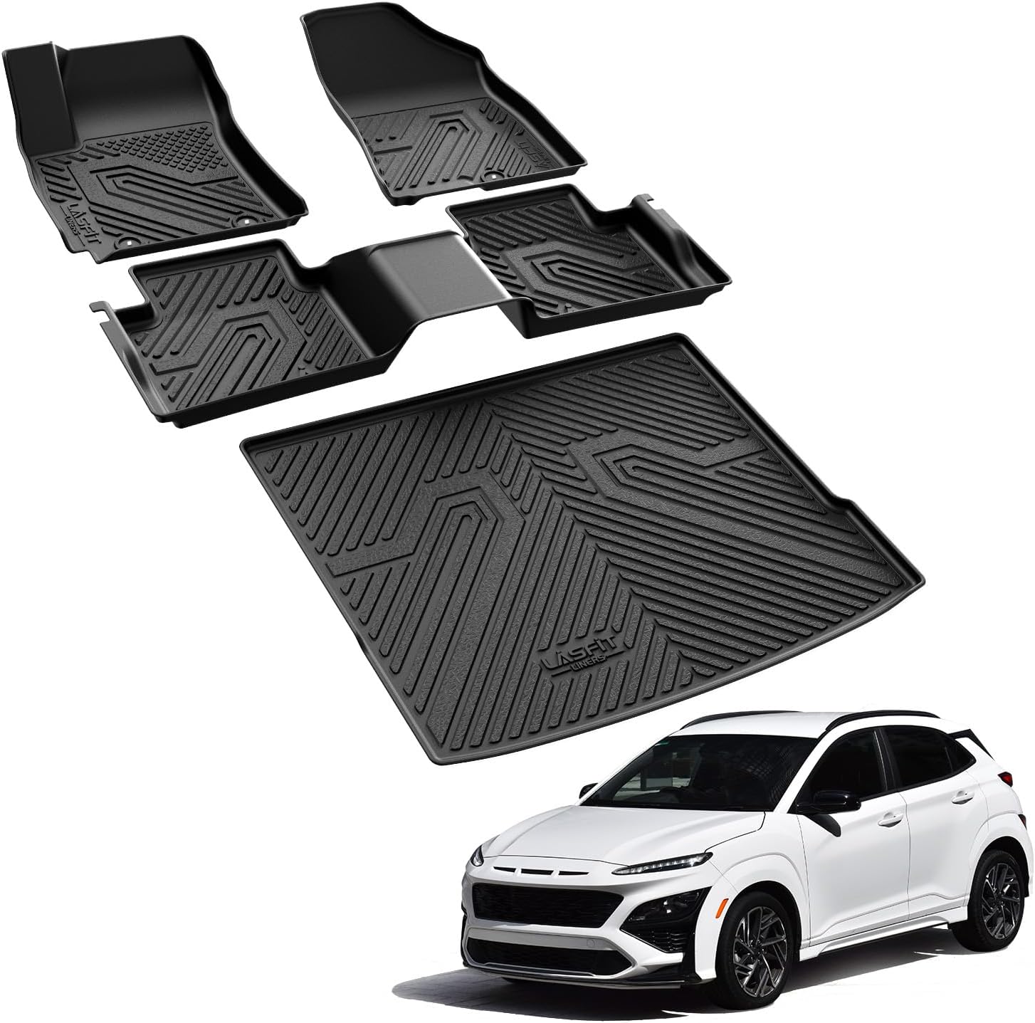 LASFIT Floor Mats & Cargo Mat Fits for Hyundai Kona 2026 2025 2024 N Line/SE/SEL/Limited (Not for EV), All Weather TPE Custom Fit Kona Car Mats & Trunk Liner,Full Set Car Accessories, Black