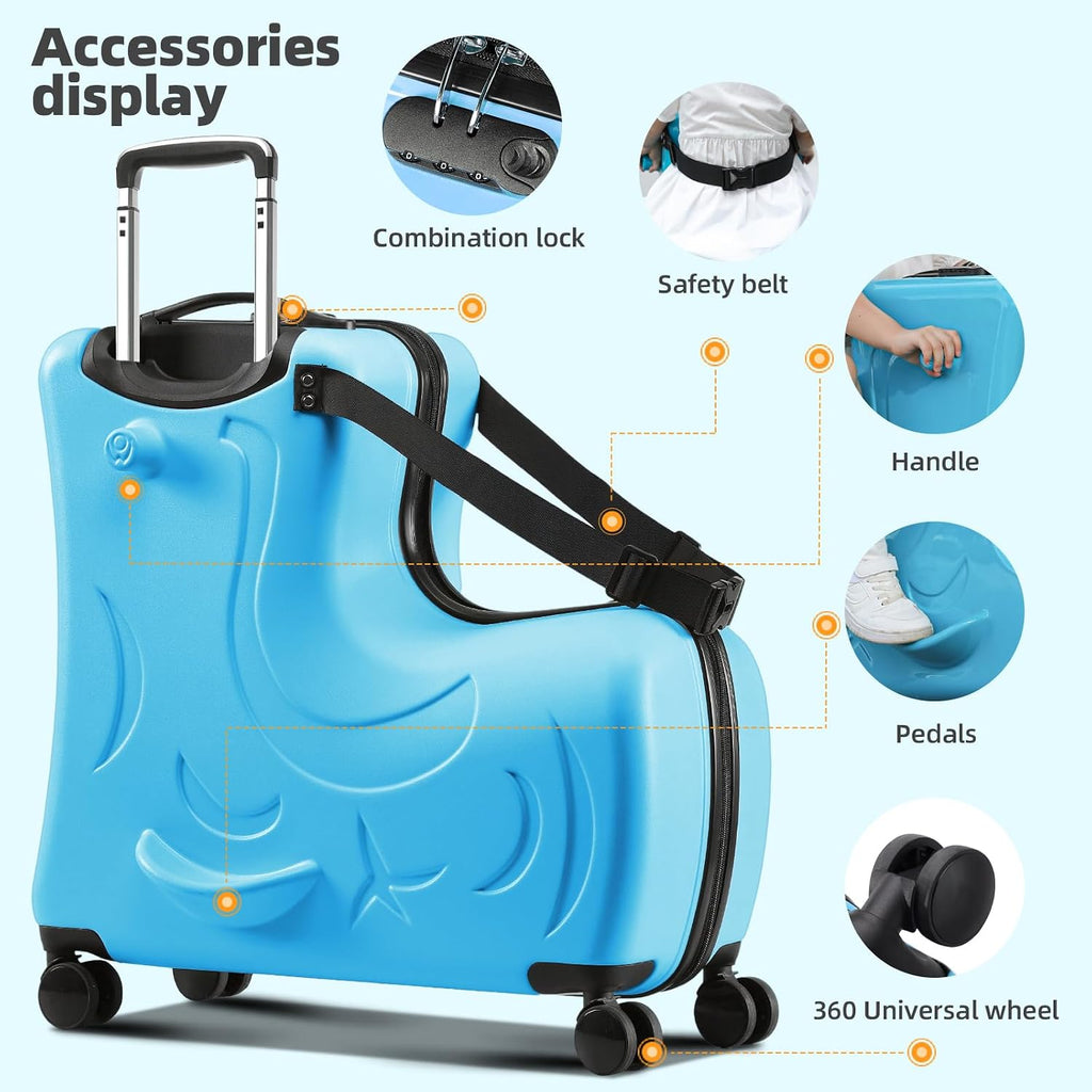 Toddler Luggage Ride On Suitcase for Kids with 4 Spinner wheels, Hardside Travel Luggage for Boys and Girls Ages 2-12 (Ocean Blue, 20-Inch)