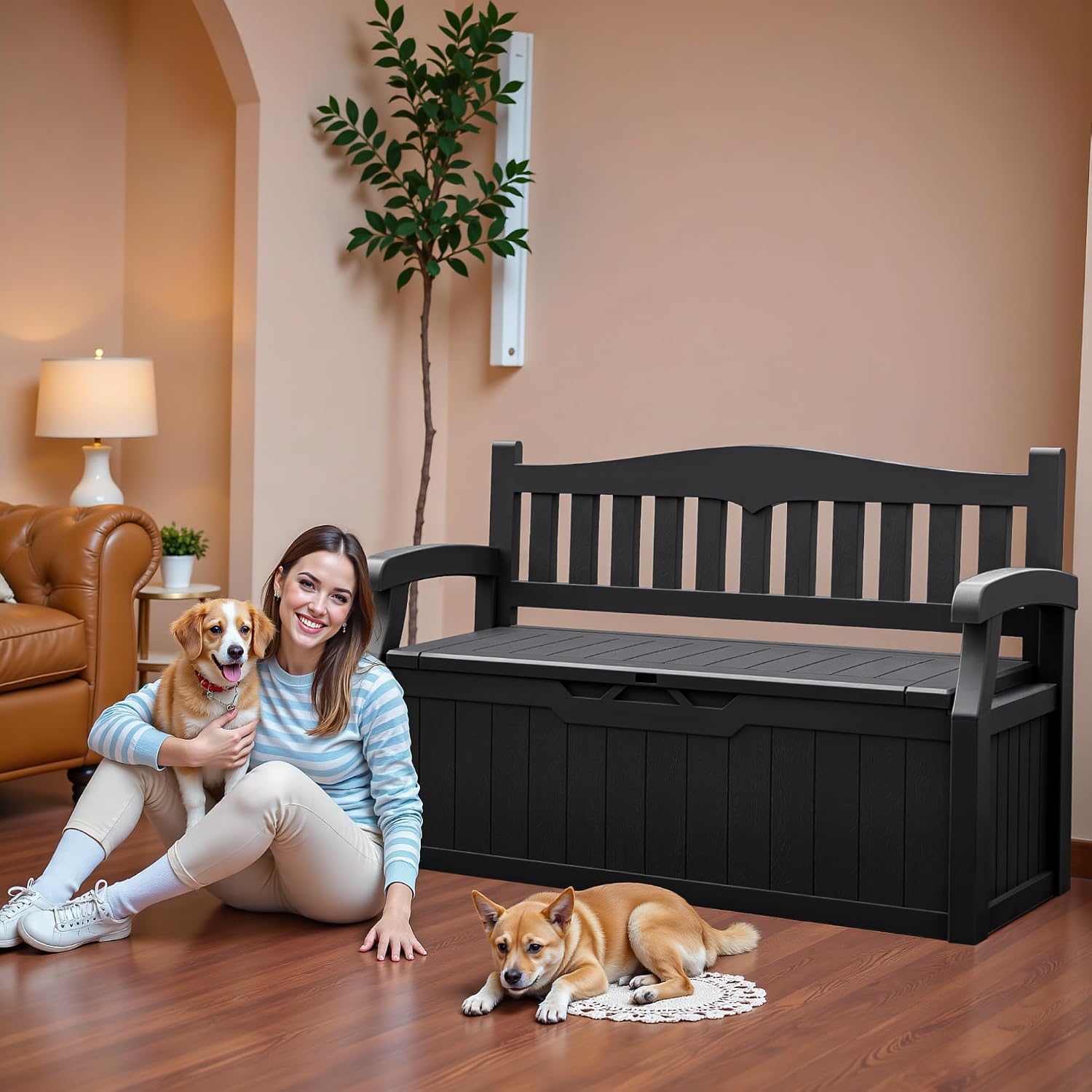 JUMMICO 80 Gallon Resin Outdoor Storage Bench, Large Deck Box with Armrest, Lockable&Waterproof for Garden, Home, Patio, Pools (Black, 80 Gallon)