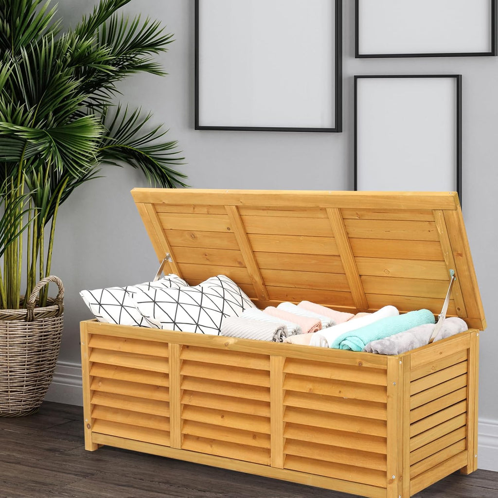 VINGLI Outdoor Wooden Deck Box, Storage Box with Lids for Easy Switching, 47 Gallon Wooden Storage Bins for Garden, Yard, Patio, Balcony, Natural