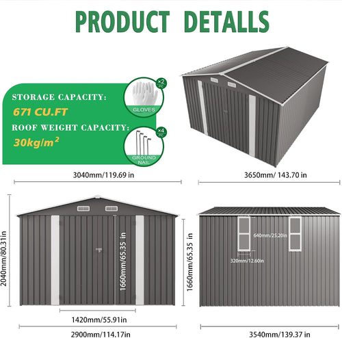 10x12 FT Outdoor Storage Shed, Large Metal Garden Shed with 2 Windows, Outside Tool Sheds with Lockable Hinged Doors, Waterproof Storage Building with 4 Air Vents for Backyard, Patio, Lawn, Gray