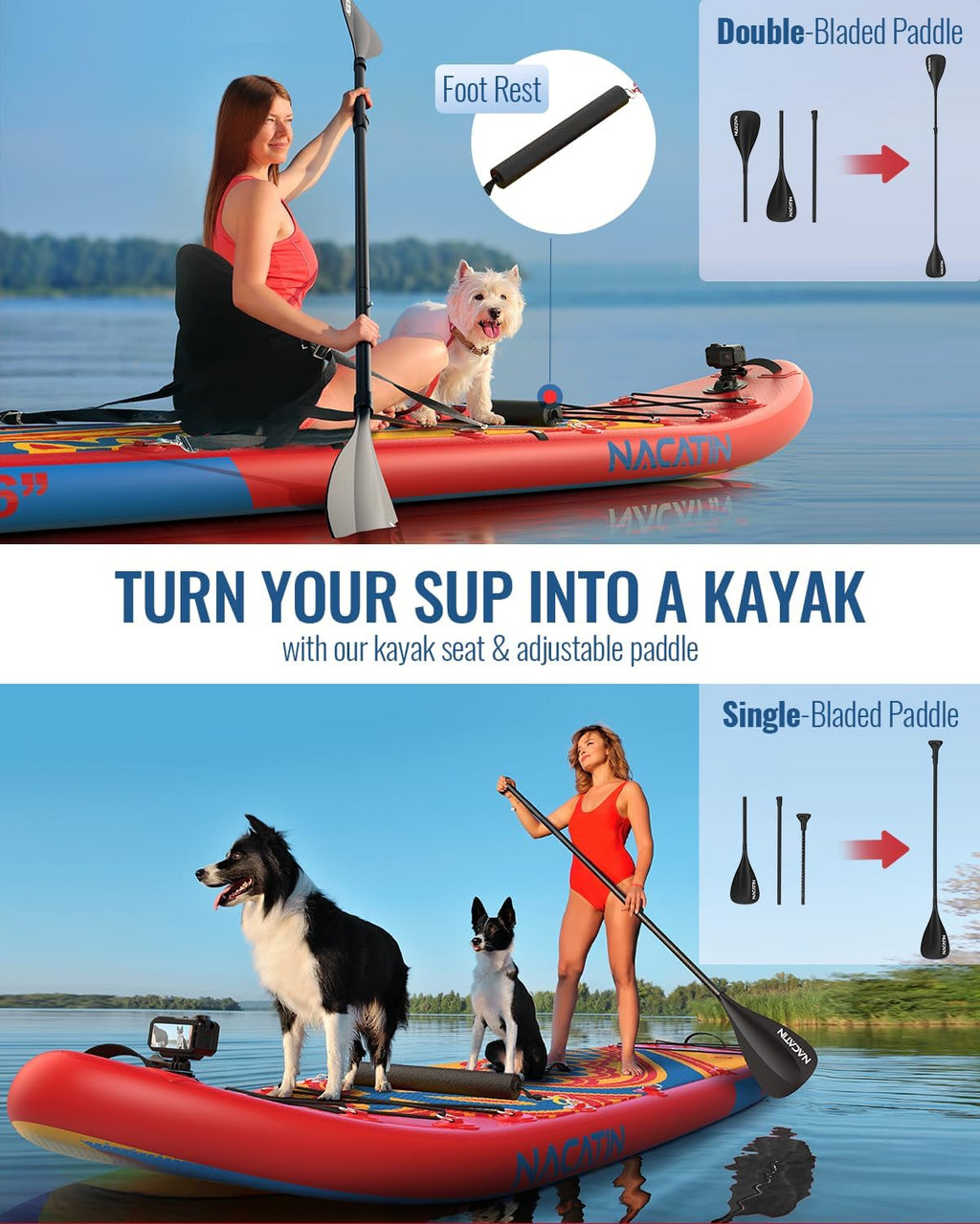 NACATIN 12'/366cm Extra Large Inflatable Stand Up Paddle Board with Seat, Wide 36'/91cm SUP Board for Adults & Family, with Single/Double Paddle, Kayak Seat, Pump, Stable Wide Deck for Beginners