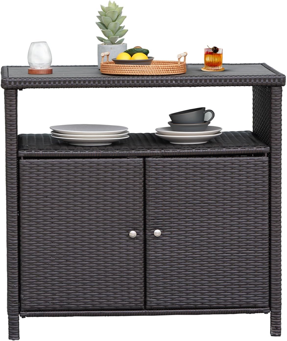 Grand patio Wicker Storage Cabinet Outdoor Waterproof Buffet Cabinet Patio Bar Table with Two Doors and Shelves Wicker Sideboard for Garden Kitchen Pool Dark Brown