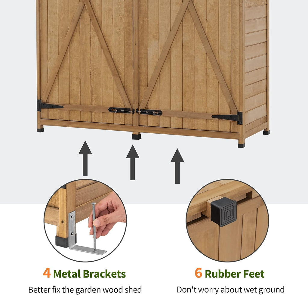 MCombo Outdoor Storage Cabinet with Shelves, Wood Garden Shed with Floor, Outside Tool Shed with 2 Lockable Doors for Yard Patio Lawn, 1400 (Natural)