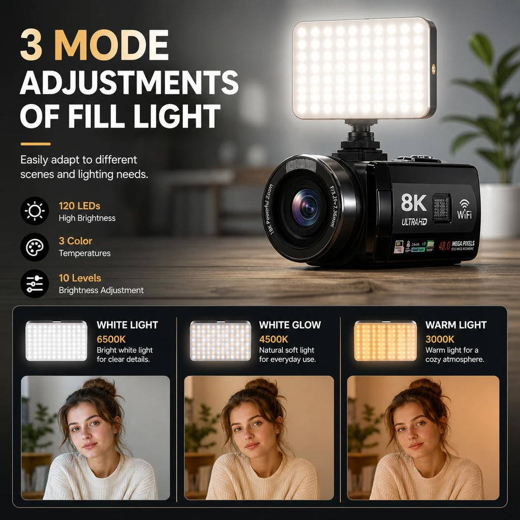 Video Camera, 8K Camcorder 48MP 15FPS UHD WiFi Vlogging Camera with IR Night Vision for YouTube, 3' Touch Screen 18X Digital Zoom, with Fill Light, Mic, Stabilizer, Lens Hood, Remote and 2 Batteries