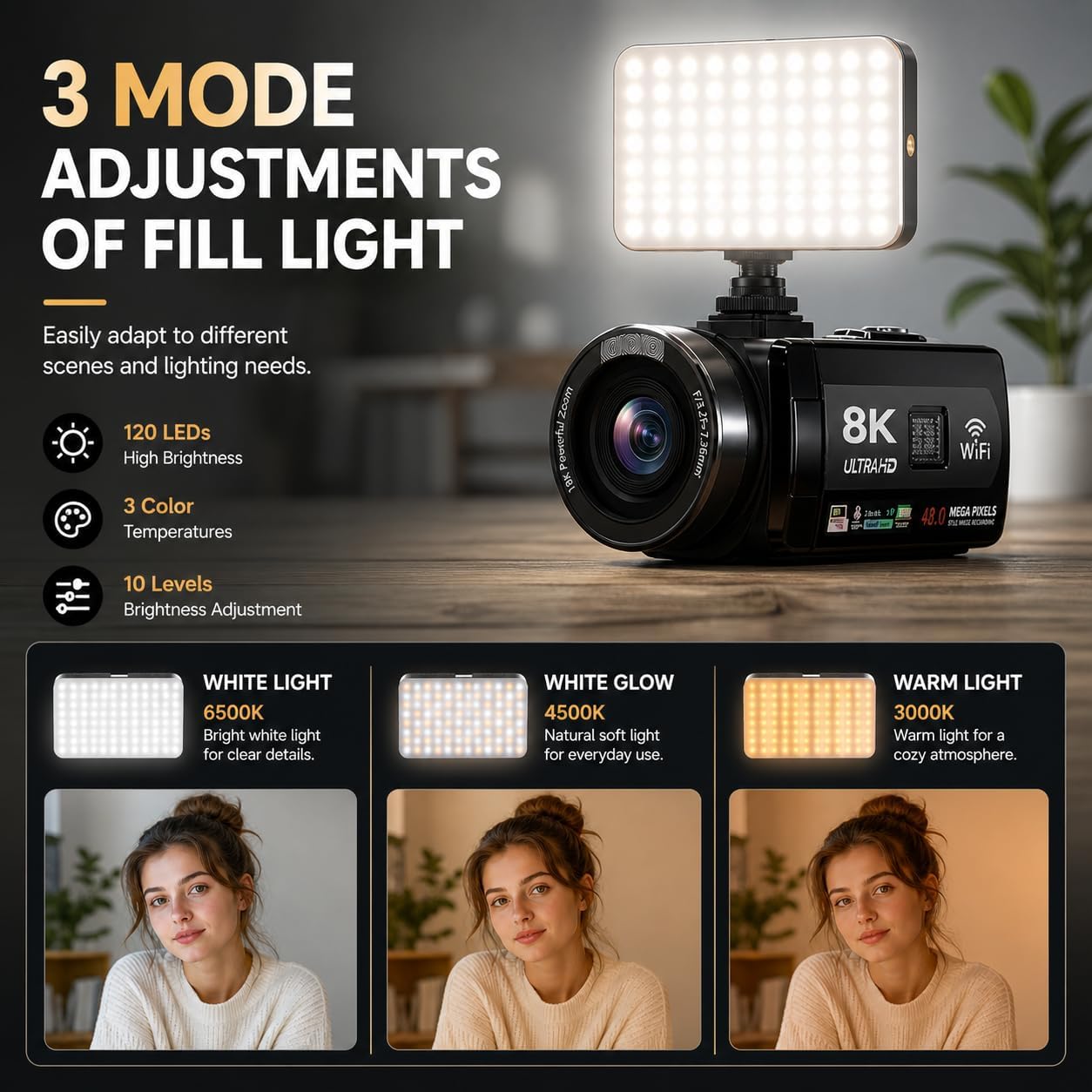 Video Camera, 8K Camcorder 48MP 15FPS UHD WiFi Vlogging Camera with IR Night Vision for YouTube, 3' Touch Screen 18X Digital Zoom, with Fill Light, Mic, Stabilizer, Lens Hood, Remote and 2 Batteries