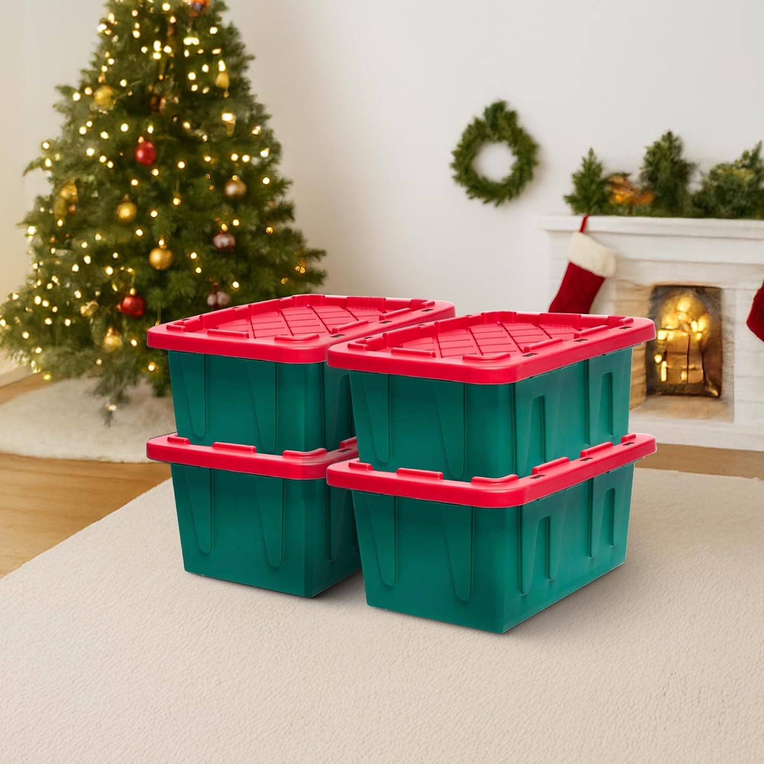 HOMZ 4-Pack Durabilt Tote, Heavy Duty Plastic Storage Bins with Lids, 15 Gallon, Green/Red - Stackable Organizing Containers for Home, Garage, and Office