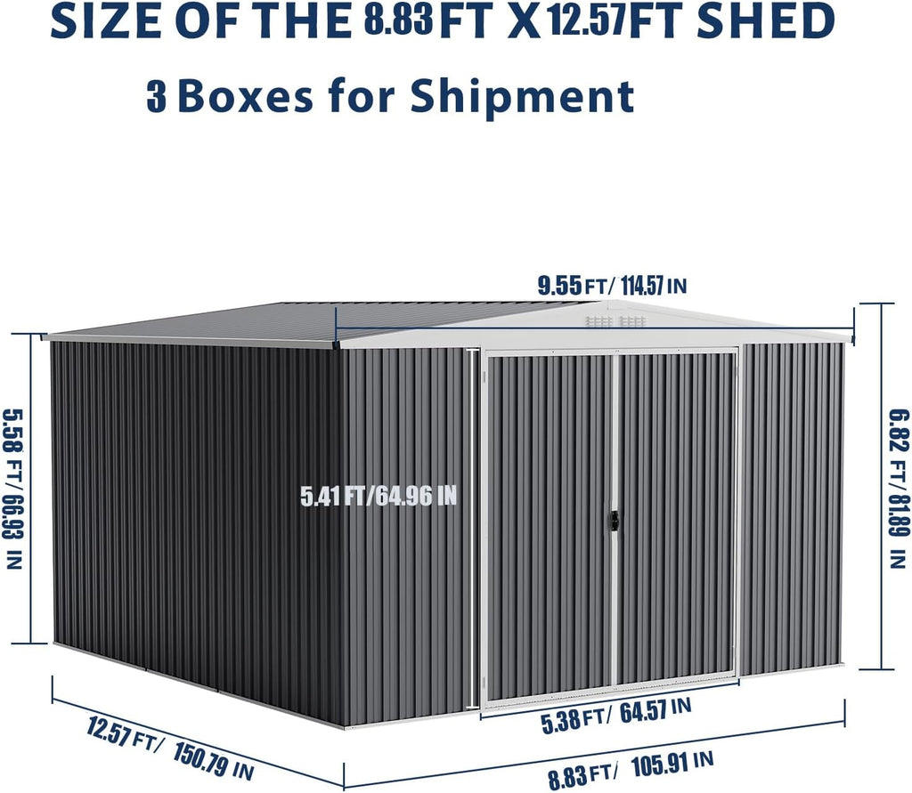 GarveeLife 9x12 Shed for Outdoor Storage, Galvanized Steel Metal Tool Sheds House with Lockable Doors, Lock & Air Vent, Large Utility Sheds for Patio Garden Lawn (9x12.6, Grey)