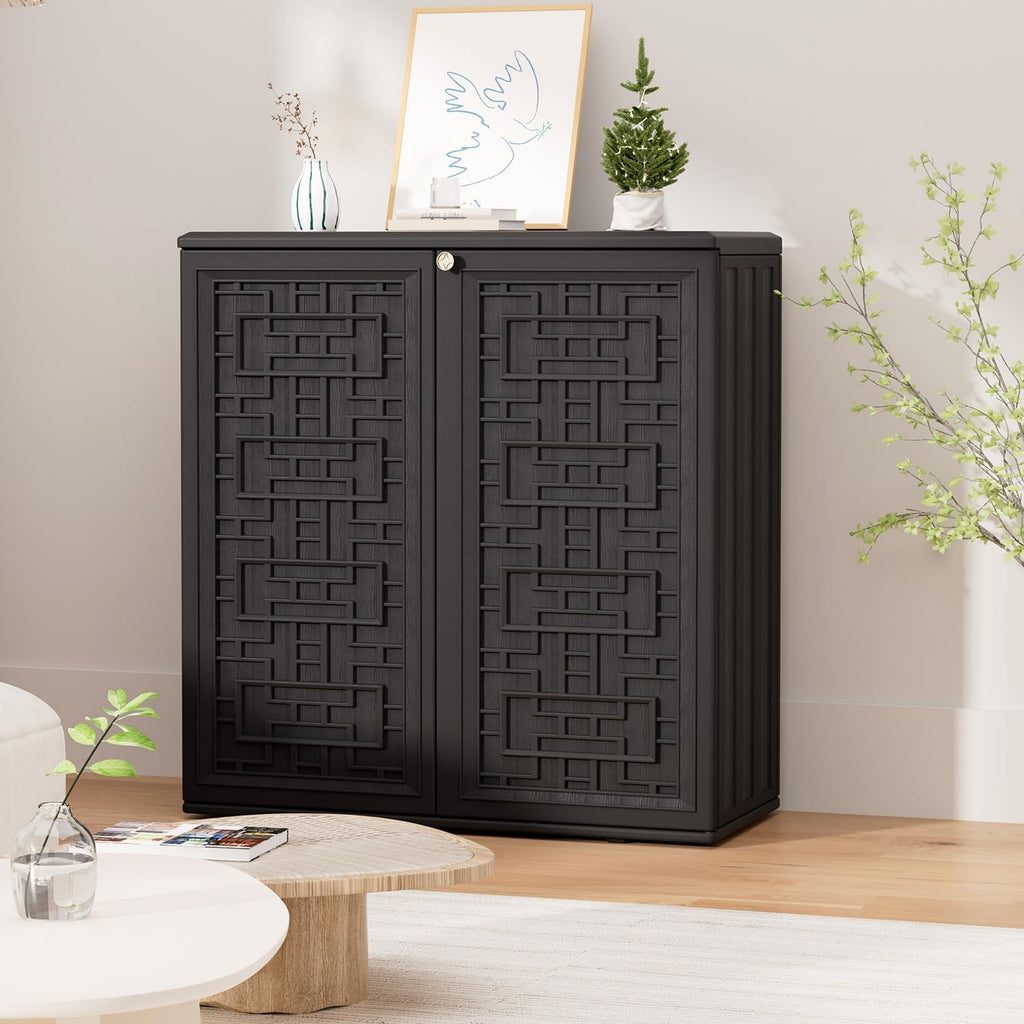 HOMSPARK Indoor/Outdoor Storage Cabinet with Doors and Shelf, 34'x15'x36' HDPE Plastic Storage Box Waterproof for Patio, Garden, Balcony, Multi-Purpose for Daily Tools, Black