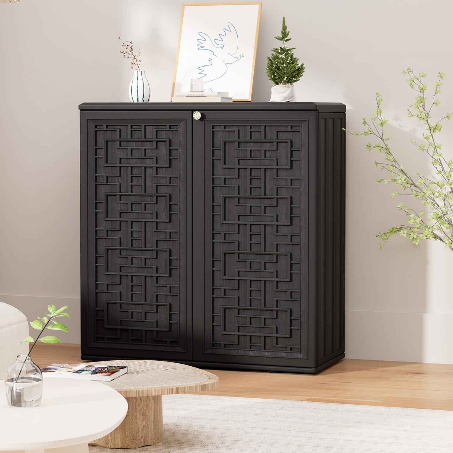 HOMSPARK Indoor/Outdoor Storage Cabinet with Doors and Shelf, 34'x15'x36' HDPE Plastic Storage Box Waterproof for Patio, Garden, Balcony, Multi-Purpose for Daily Tools, Black