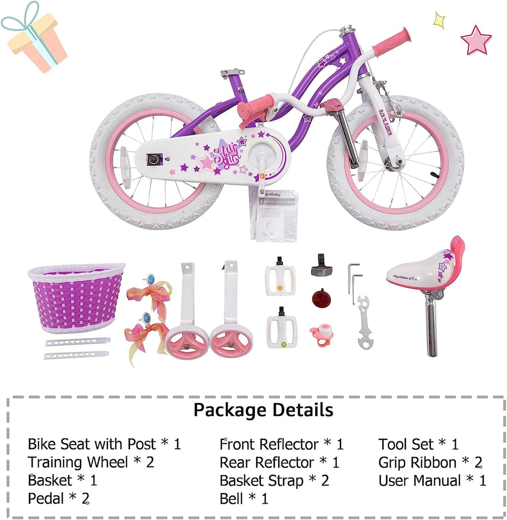 RoyalBaby Stargirl 16 Inch Kids Outdoor Bicycle with Kickstand, Accessory Basket, Bell, and Safety Training Wheels for Ages 4-7, Purple