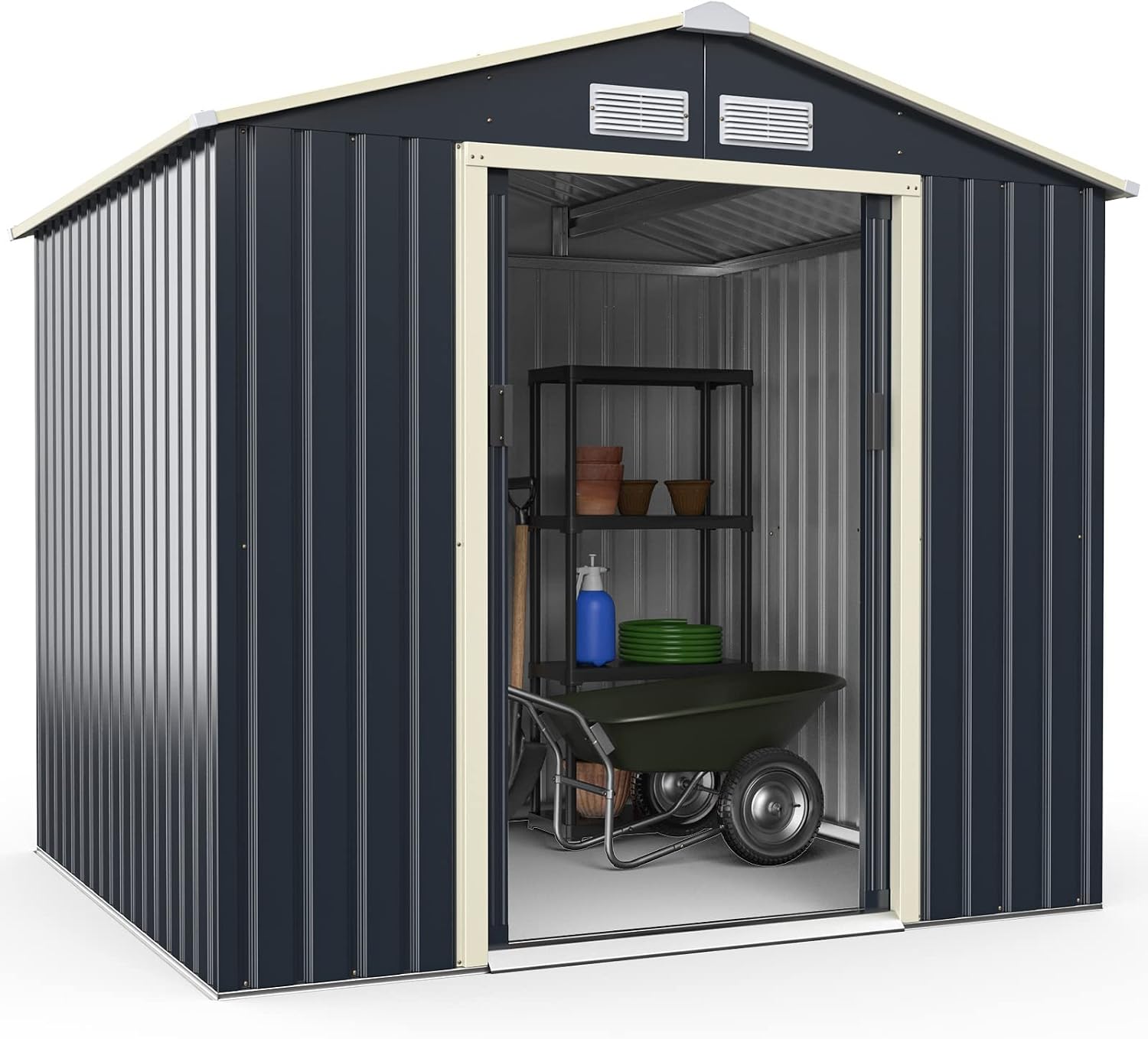 Goplus Storage Shed, Metal 7' X 6' Outdoor Building Organizer with 4 Vents & Double Sliding Door for Garden Backyard Farm (7'X6')