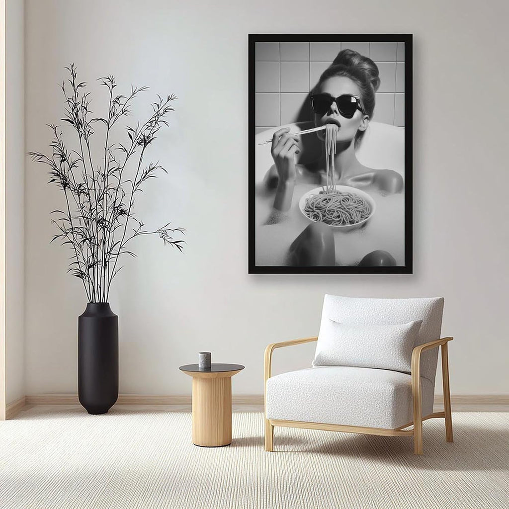 UXCBIA Woman Wearing Sunglasses Eating Spaghetti in Bathtub, Black And White, Funny Bathroom Poster Canvas Poster Bedroom Decor Sports Landscape Office Room Decor Gift Black Frame 24x36in(60x90cm)