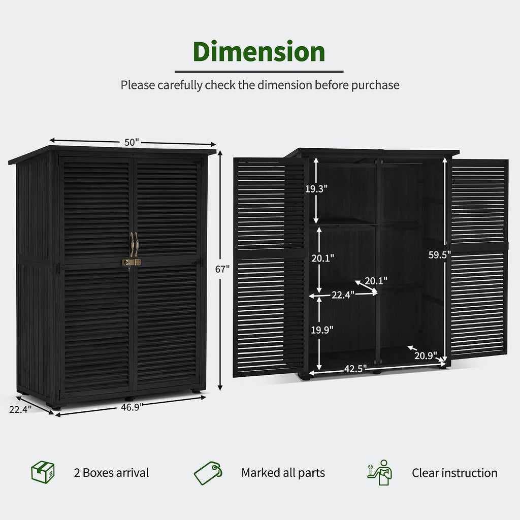MCombo Outdoor Storage Cabinet, Wooden Storage Shed with Latch, Outside Garden Tool Shed with 2 Doors for Patio Yard Lawn, 1900 (Black, Large)