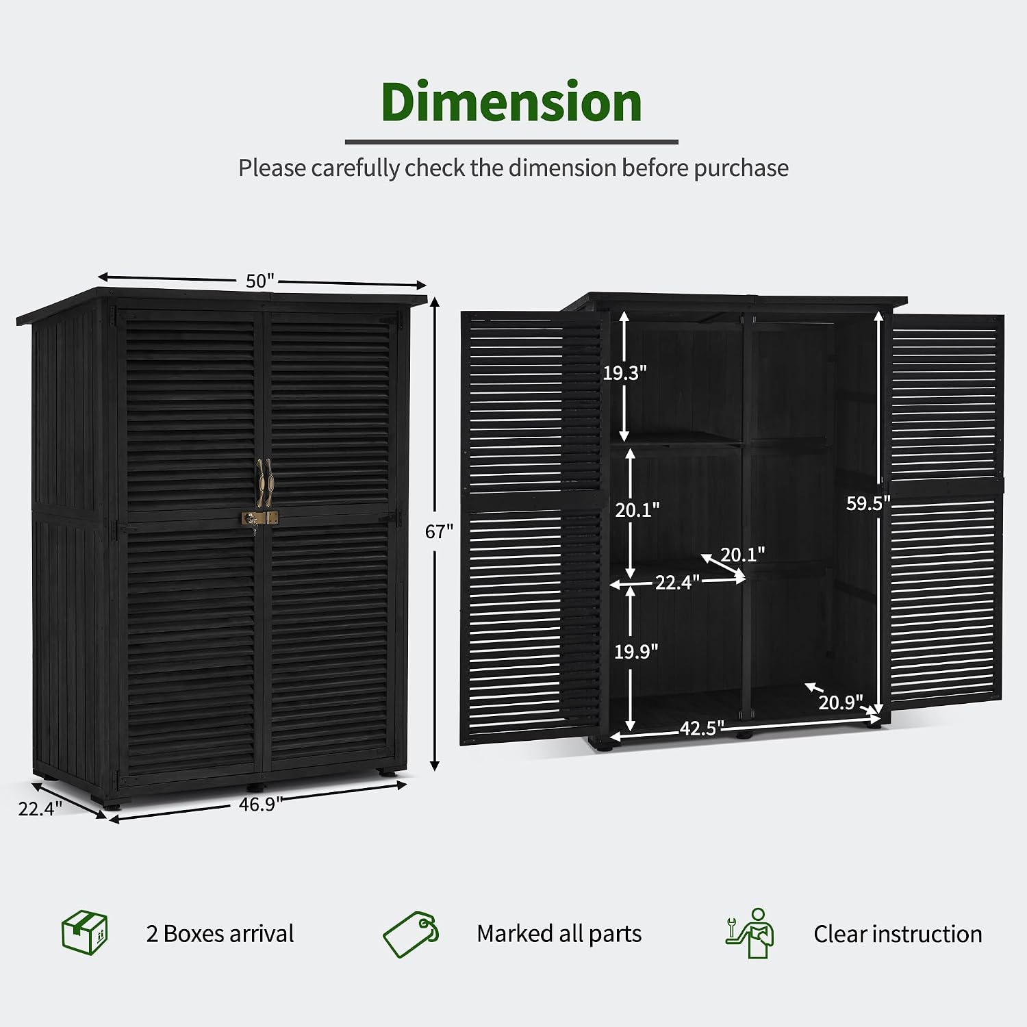 MCombo Outdoor Storage Cabinet, Wooden Storage Shed with Latch, Outside Garden Tool Shed with 2 Doors for Patio Yard Lawn, 1900 (Black, Large)
