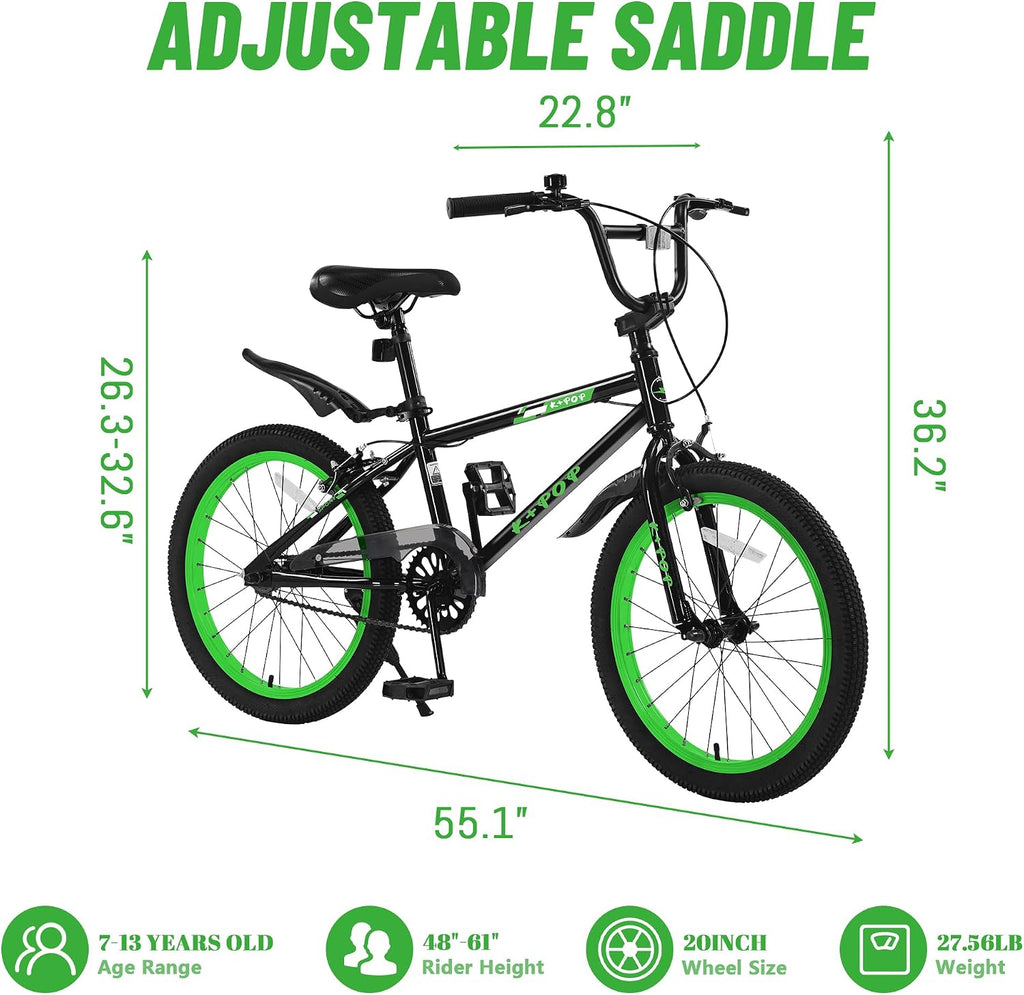 20 Inch Kids' Bike for Boys Aged 7-12, BMX-Style Boys Bike for Kids, Lightweight Children's Bicycles, Kids' Bicycles with Front and Rear Brakes, Adjustable Seat, Kickstand