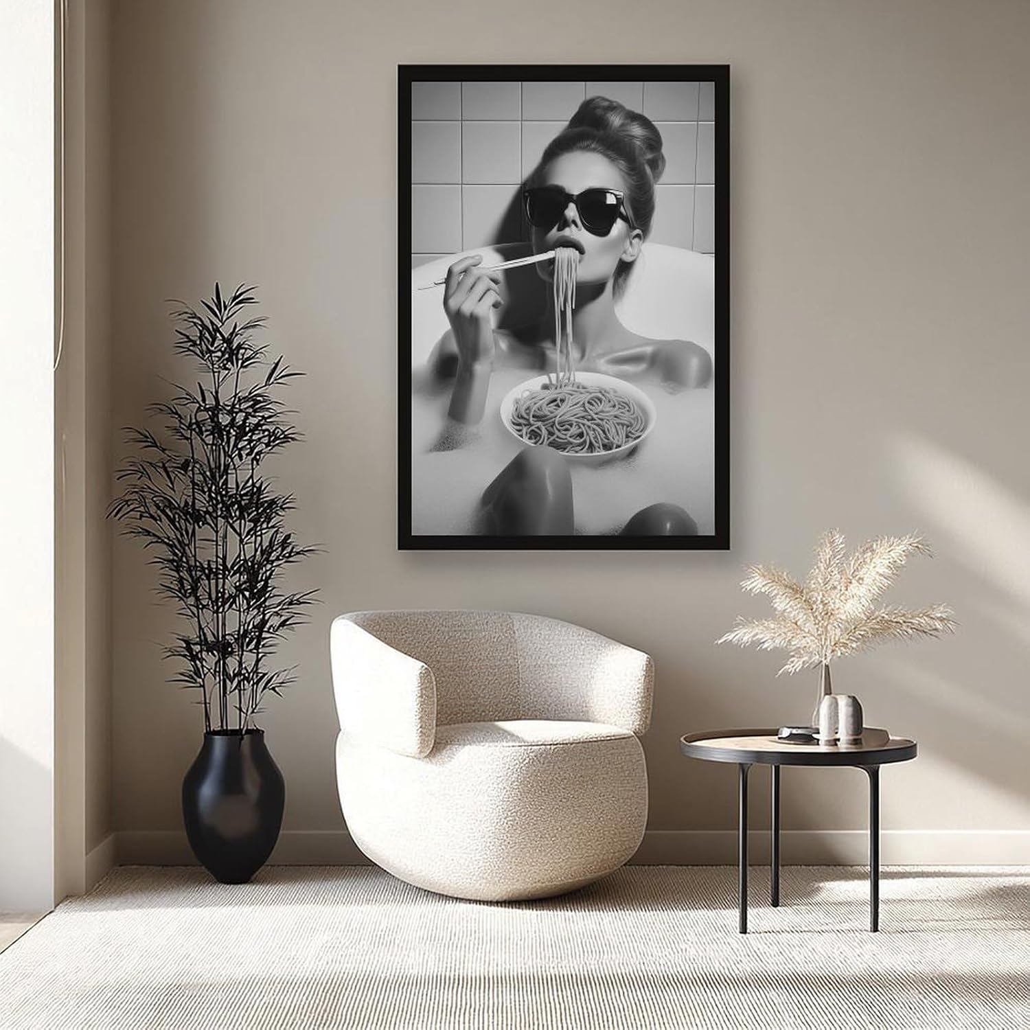 UXCBIA Woman Wearing Sunglasses Eating Spaghetti in Bathtub, Black And White, Funny Bathroom Poster Canvas Poster Bedroom Decor Sports Landscape Office Room Decor Gift Black Frame 24x36in(60x90cm)