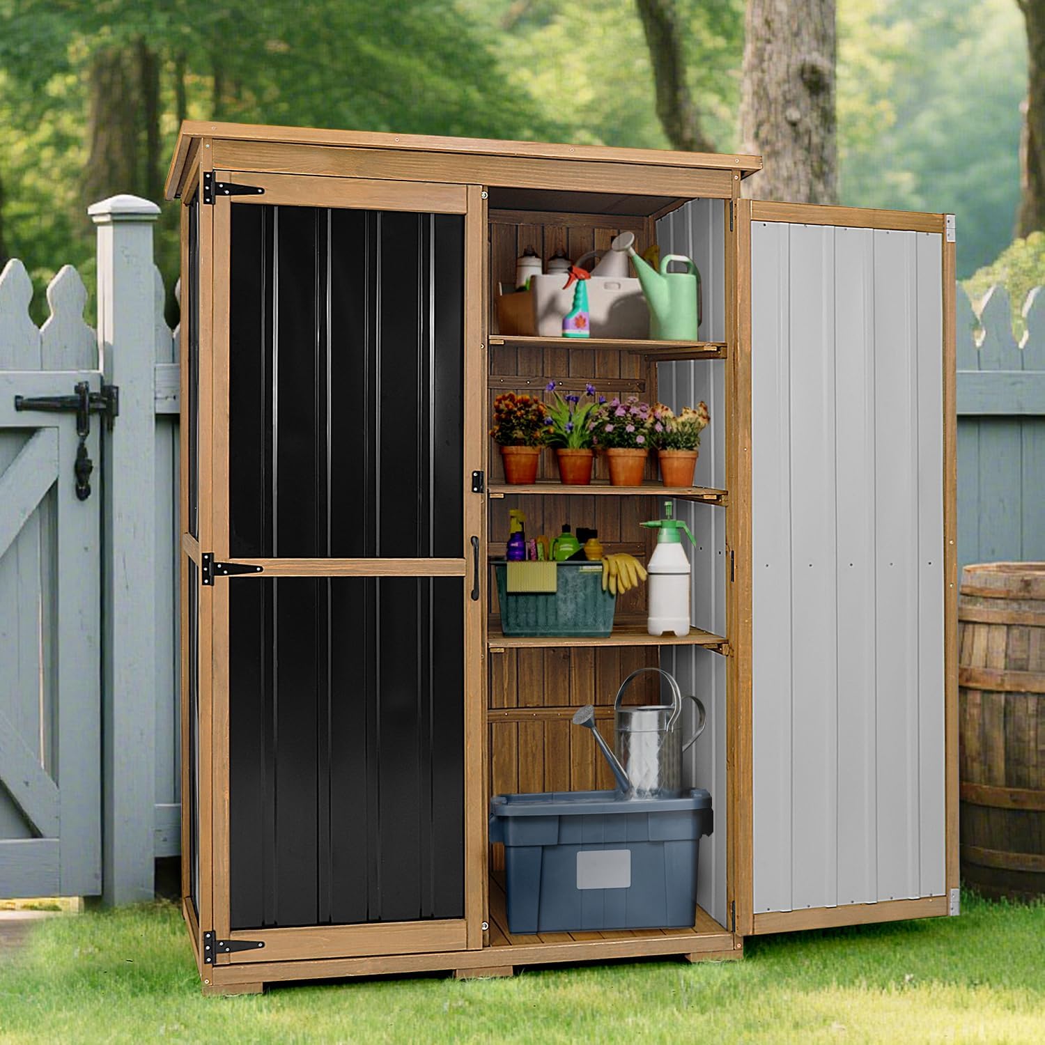 46' L Outdoor Storage Cabinet with Shelves, Wood & Metal Storage Shed with Waterproof Roof, Outside Storage Cabinet Weather-Resistant for Garage Patio Backyard Garden