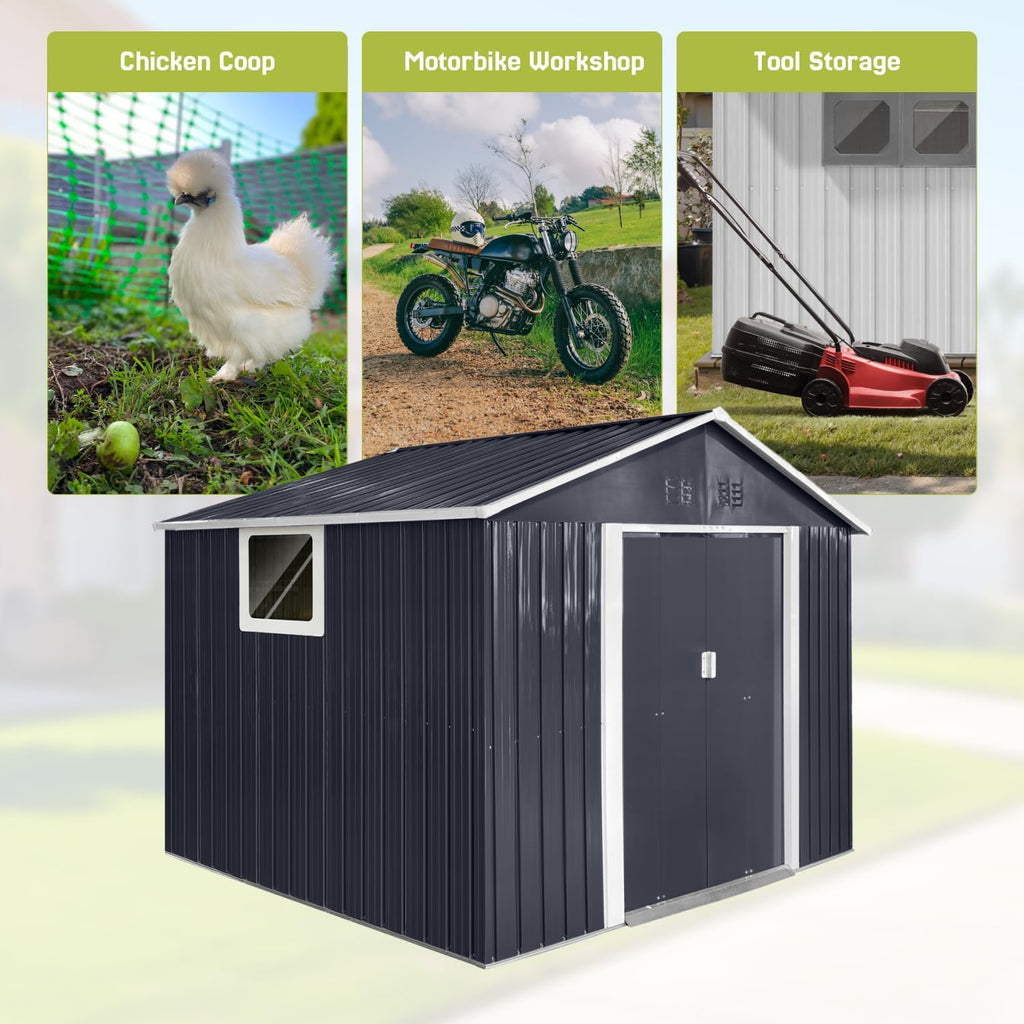 9' x 8.5' Outdoor Storage Shed, Sturdy Metal Building w/Windows & Lockable Doors for Garden, Backyard, Poolside and Lawn, Anthracite