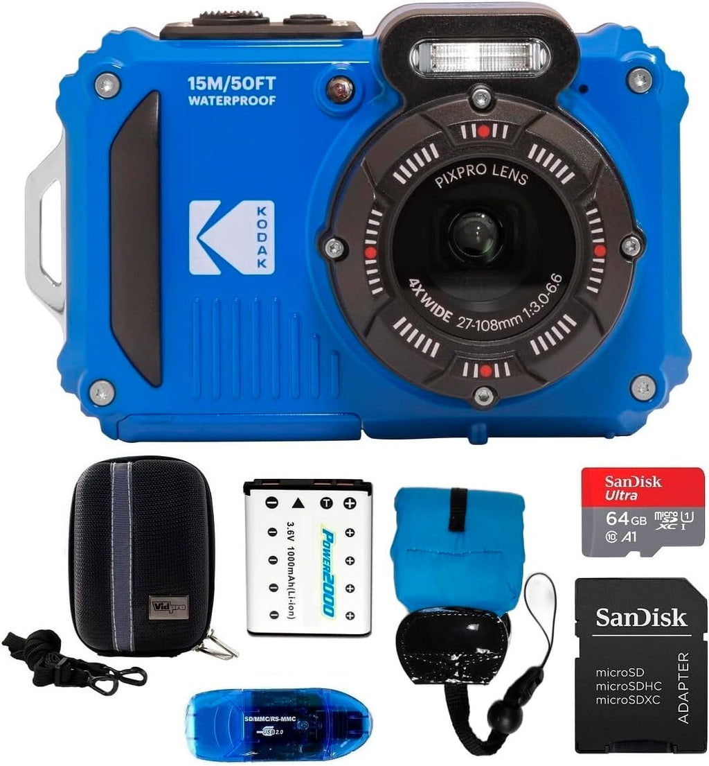 Kodak PIXPRO WPZ2 Waterproof Digital Camera Bundle, Includes: SanDisk 64GB MicroSD Memory Card, Spare Battery and More (6 Items) (Blue)