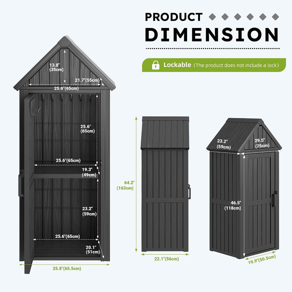 Vertical Outdoor Storage Shed, Waterproof Resin Outdoor Storage Cabinet with Removable Shelves & 12 Hooks, Lockable Small Tool Shed for Garden, Backyard, Patio, Pool, Black