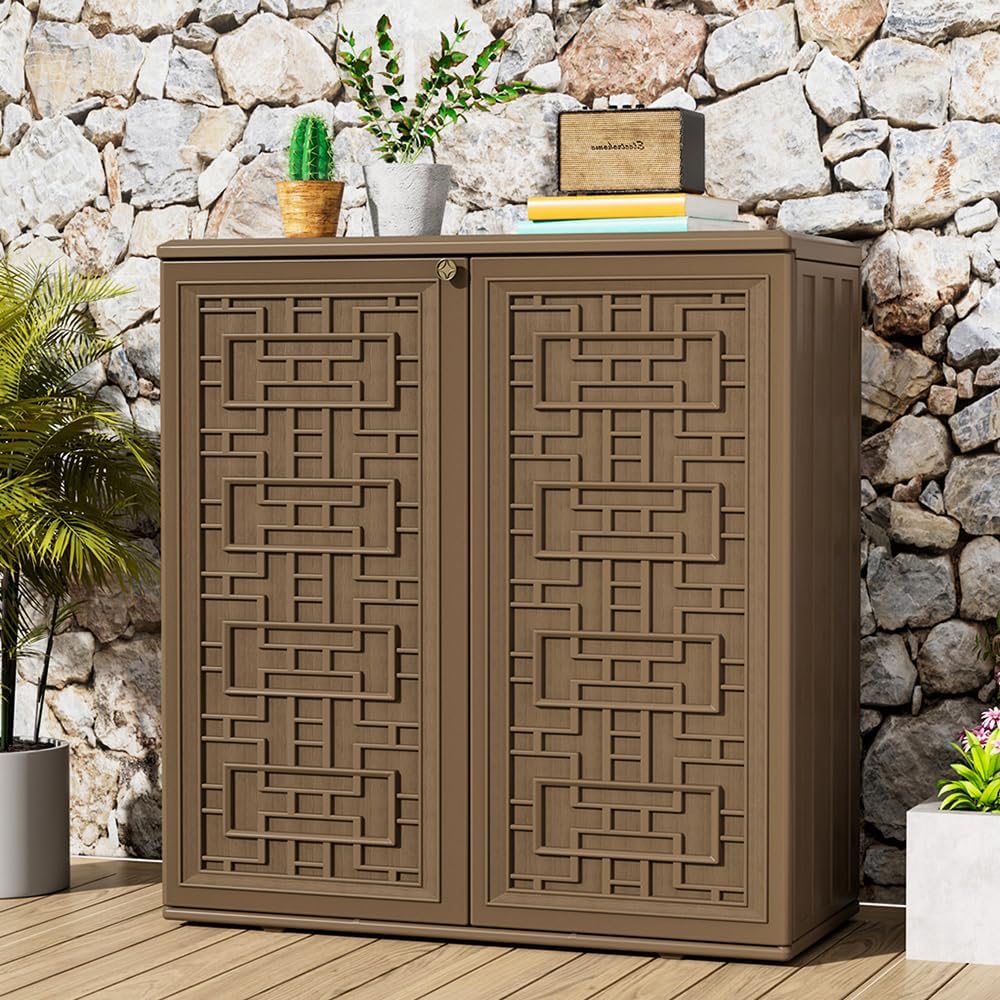 KINYING Outdoor Storage Cabinet Waterproof, Resin 62 Gallon Storage Box for Patio Furniture Cushions, Garden Tools, Pool Accessories (Dark Brown with 1 Shelving)