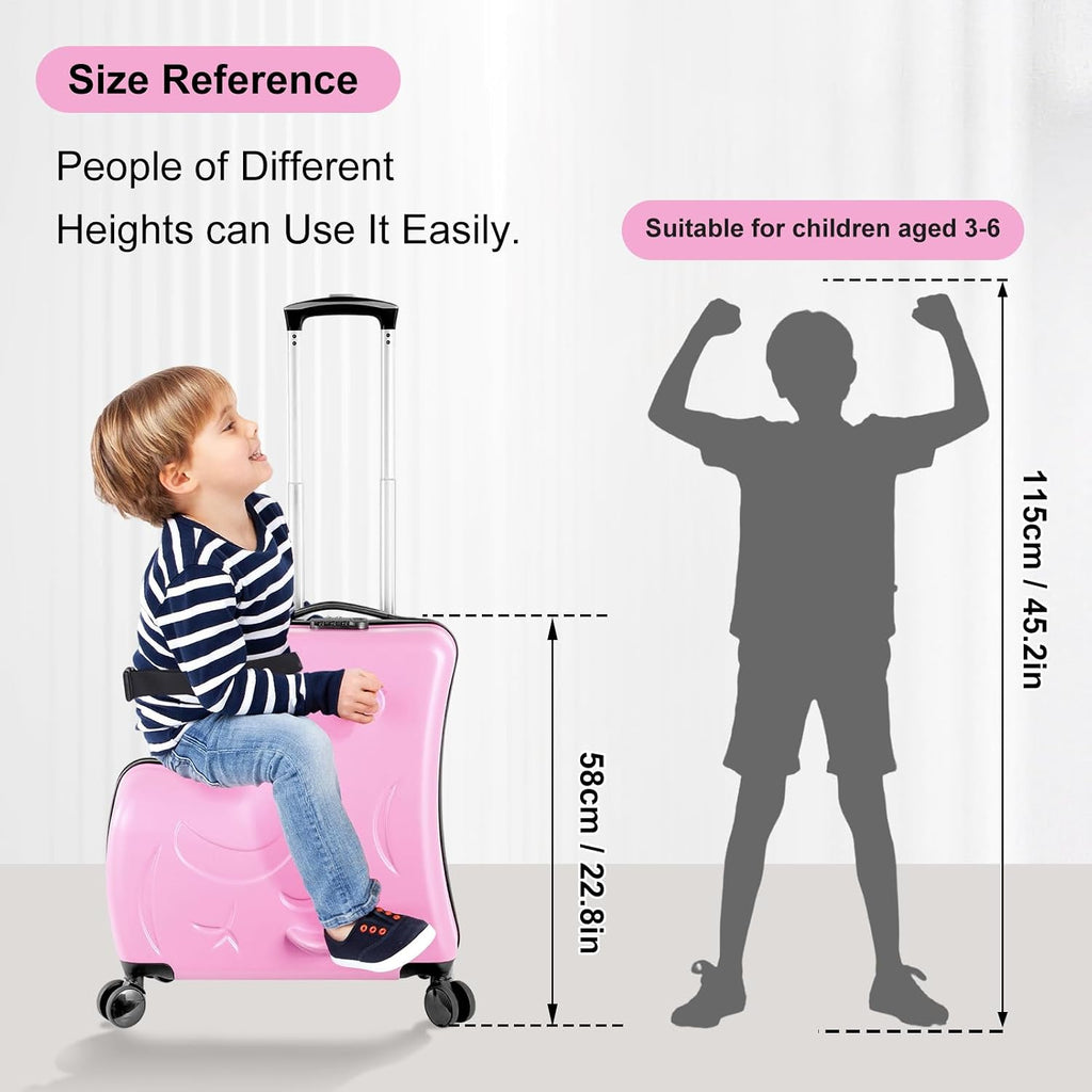 22 Inch Kid Ride Suitcase, Kid Luggage Seat Ride With Lock - Kids Travel Trolley With Safety Belt, Luggage For Kids Airplane Travel,Suitcase To Aged 1-6 Years Old,ABS+PC(Pink)