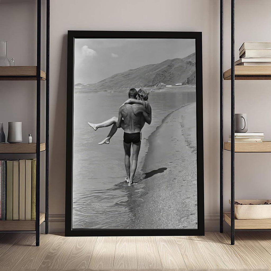 UXCBIA Young Couple Walking by The Lake, 1960s Black And White Retro Poster Canvas Poster Wall Art Decor Print Picture Paintings for Living Room Bedroom Decoration Black Frame 24x36in(60x90cm)