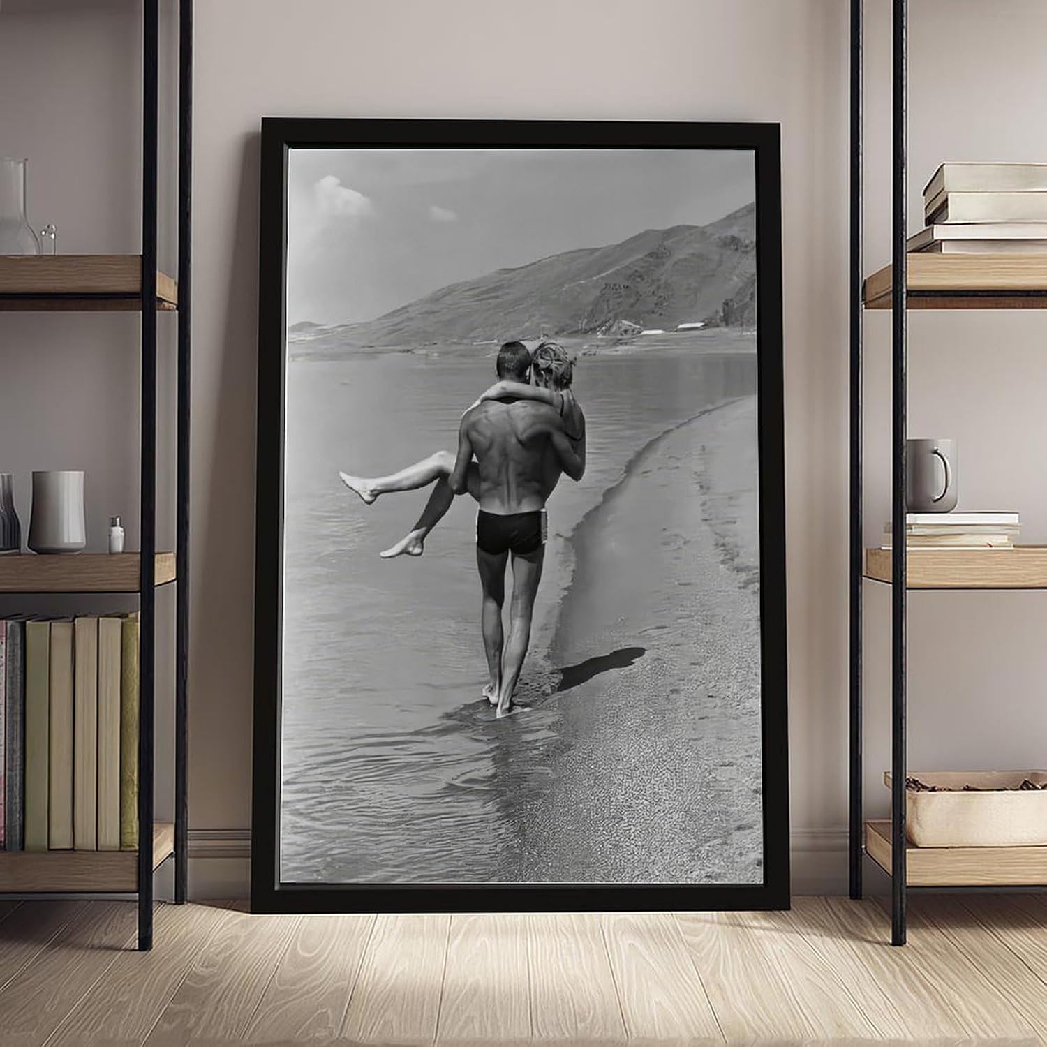 UXCBIA Young Couple Walking by The Lake, 1960s Black And White Retro Poster Canvas Poster Wall Art Decor Print Picture Paintings for Living Room Bedroom Decoration Black Frame 24x36in(60x90cm)