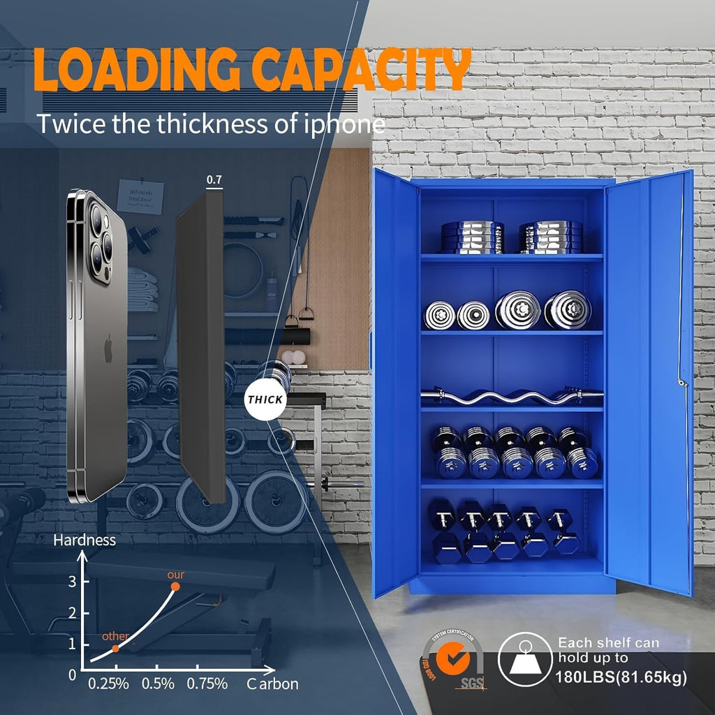 Yizosh Metal Garage Storage Cabinet with 2 Doors and 5 Adjustable Shelves - 71' Steel Lockable File Cabinet,Locking Tool Cabinets for Office,Home,Garage,Gym,School (Blue)