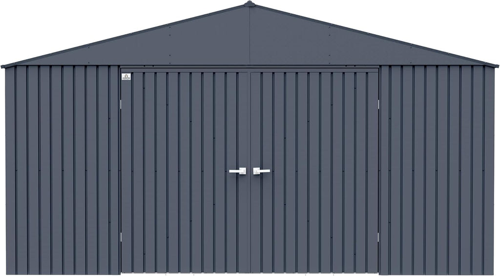 Arrow Shed Elite 14' x 16' Tall Outdoor Steel Storage Shed with High Gable and Lockable Doors Storage Building, Anthracite